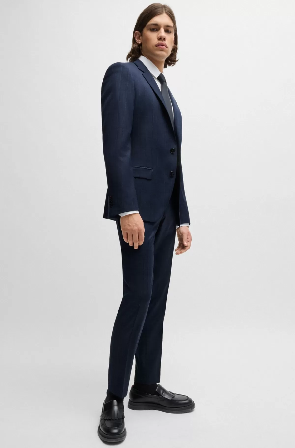 HUGO BOSS Jakkesæt Med Slim Fit I Ternet Ny Uld Med Stræk Blå mønstret Store