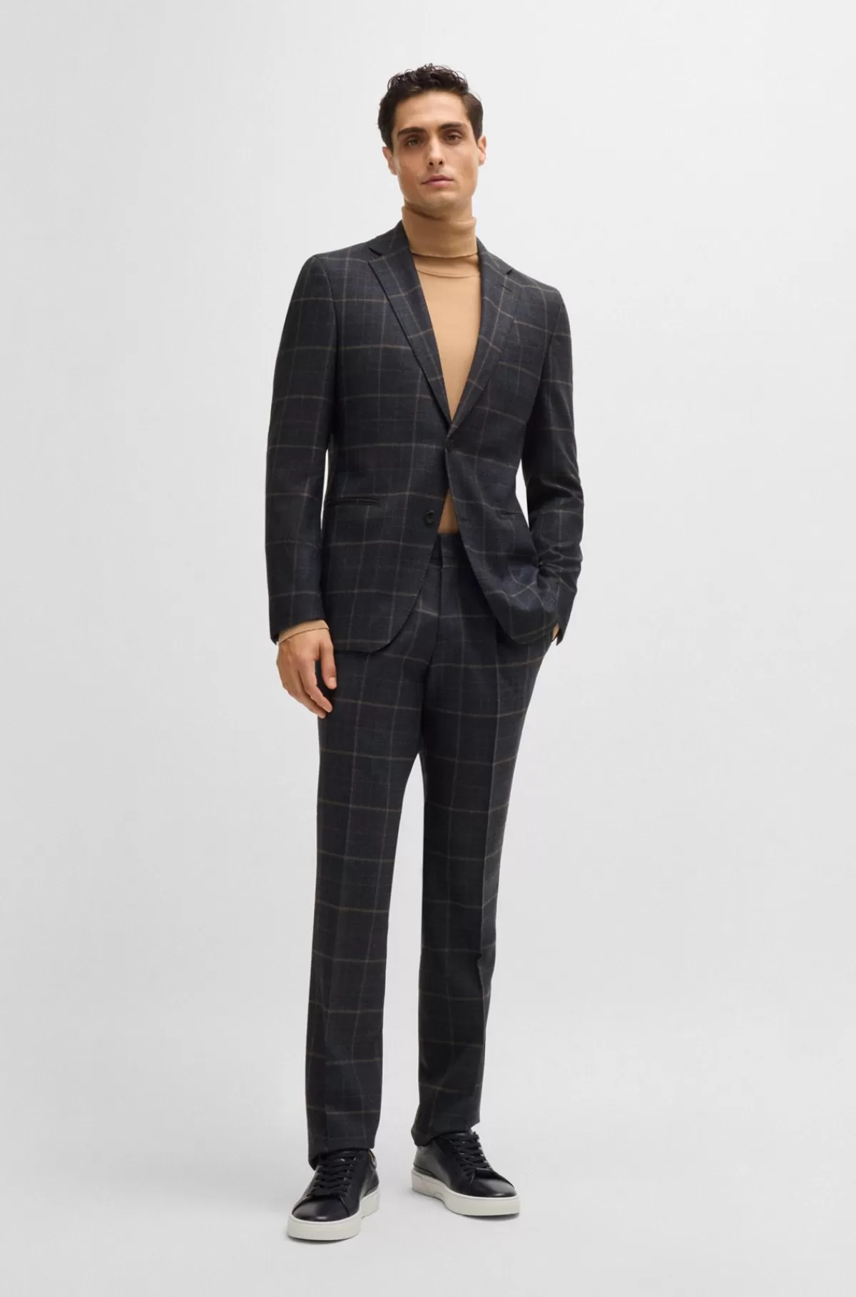 HUGO BOSS Jakkesæt Med Slim Fit I Ternet Uld Med Stræk Mørkeblå Clearance