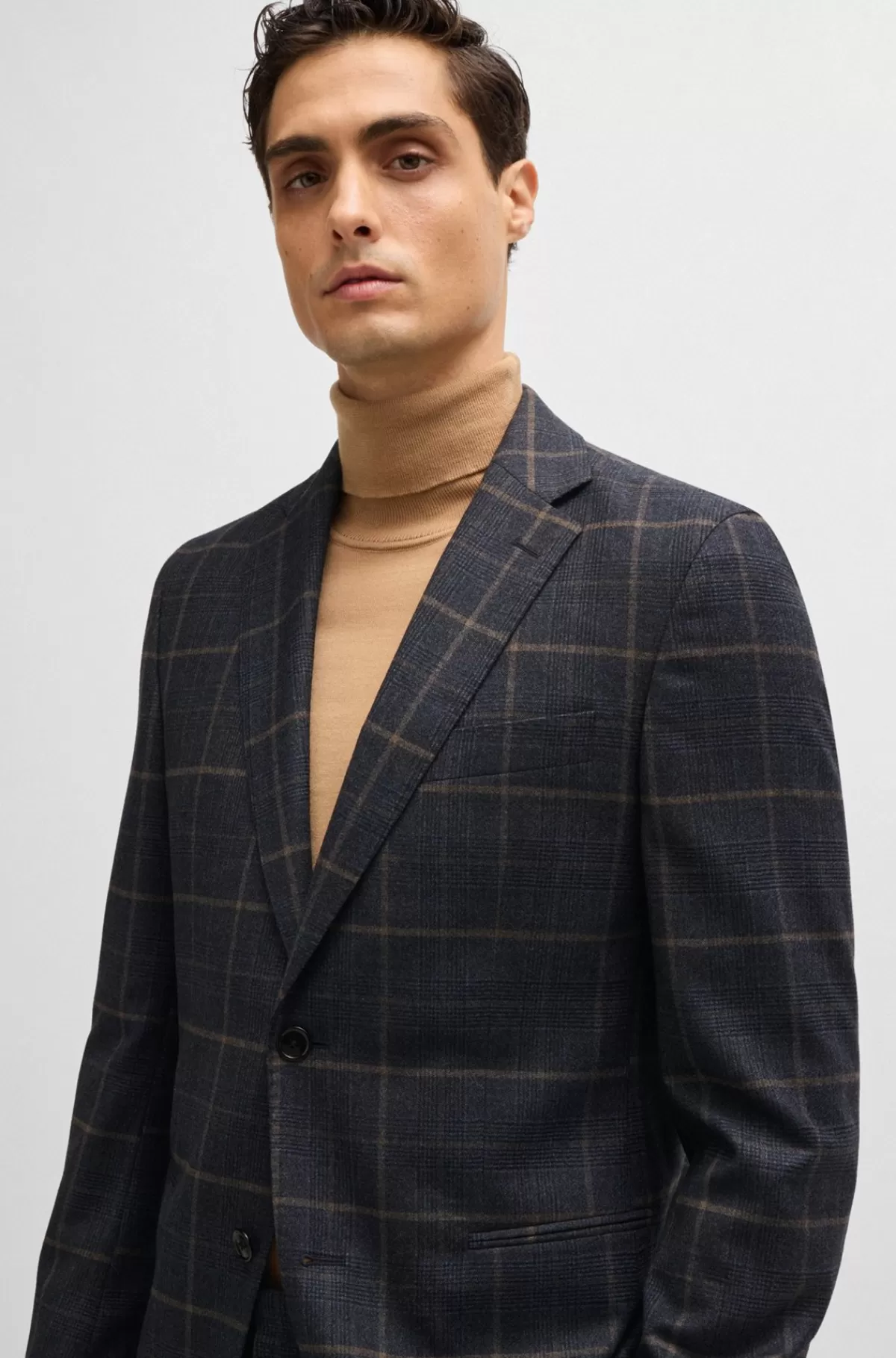 HUGO BOSS Jakkesæt Med Slim Fit I Ternet Uld Med Stræk Mørkeblå Clearance