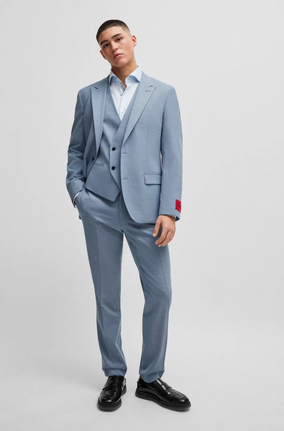HUGO BOSS Jakkesæt Med Slim Fit I Tre Dele I Mønstret Stof Med Stræk Blå Cheap