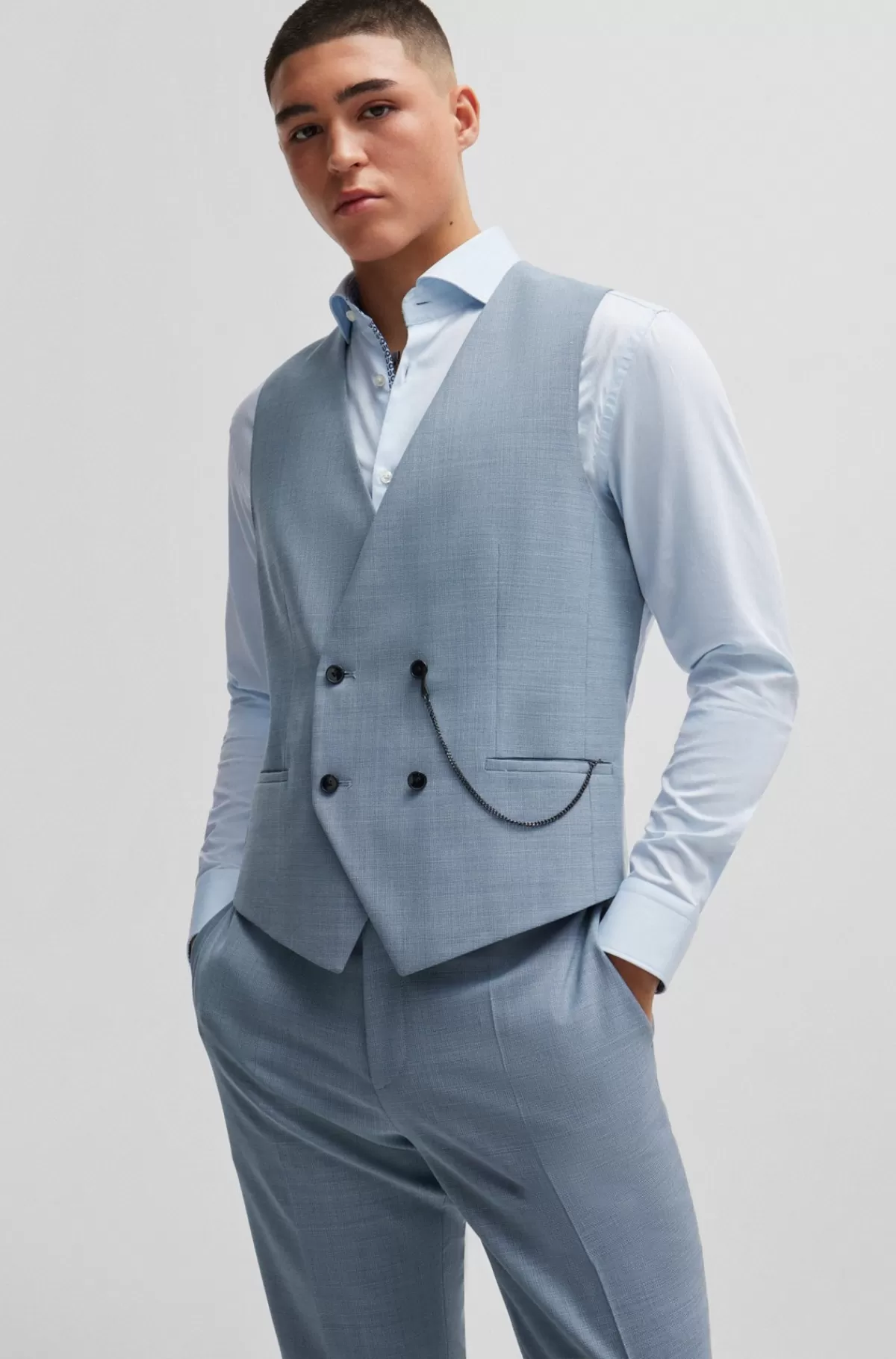 HUGO BOSS Jakkesæt Med Slim Fit I Tre Dele I Mønstret Stof Med Stræk Blå Cheap