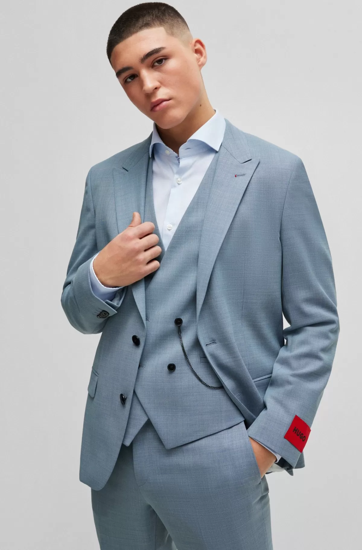 HUGO BOSS Jakkesæt Med Slim Fit I Tre Dele I Mønstret Stof Med Stræk Blå Cheap