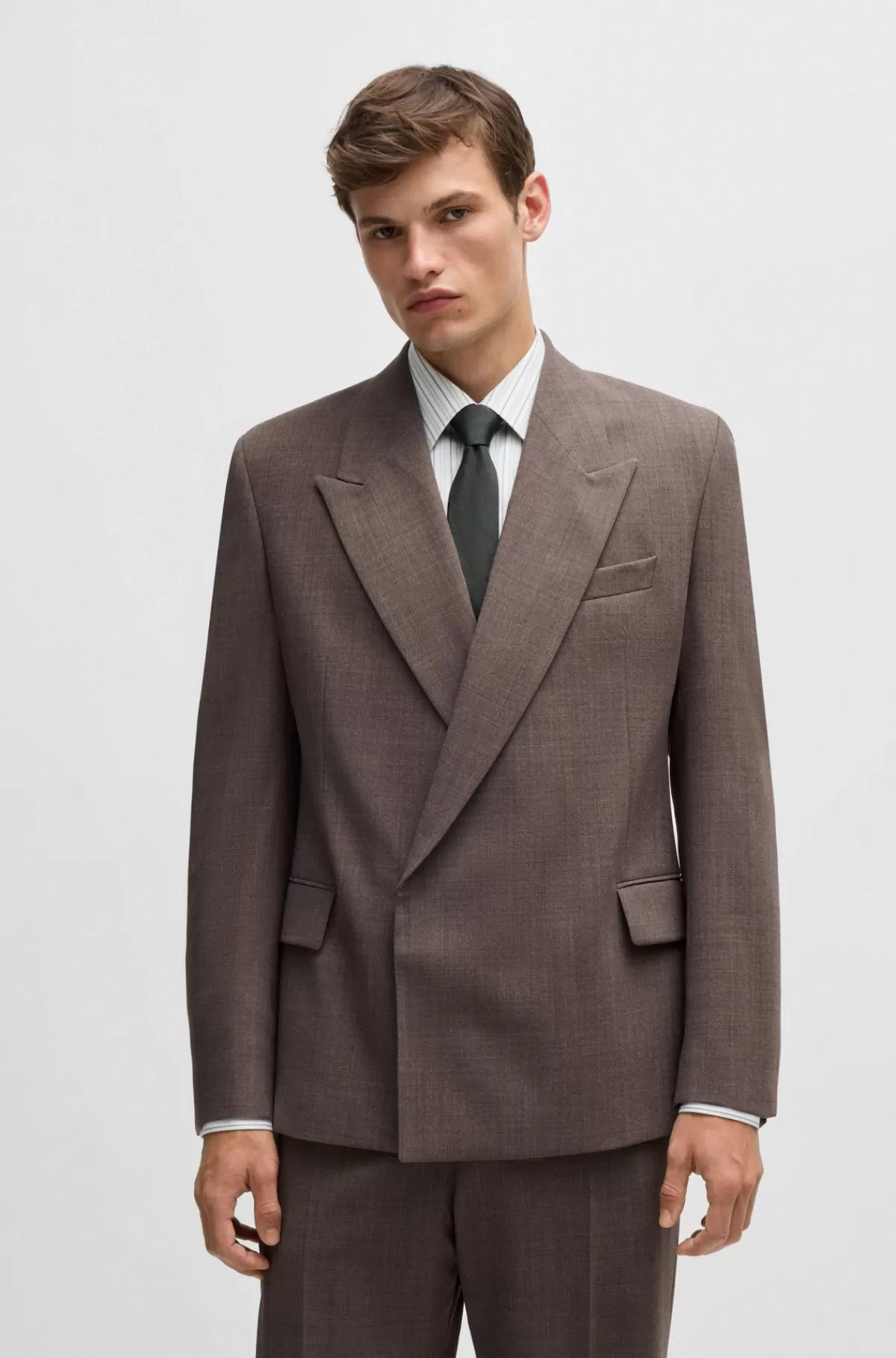 HUGO BOSS Jakkesætsjakke Med Regular Fit I Meleret Ny Uld Brun Shop