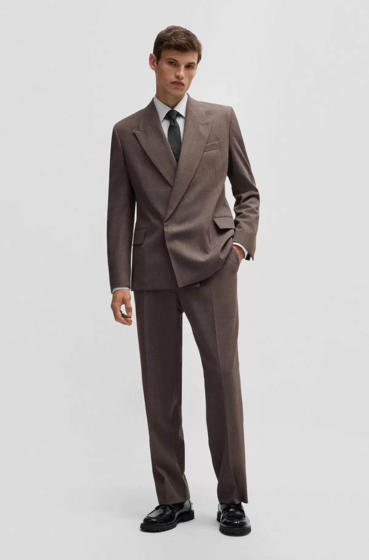 HUGO BOSS Jakkesætsjakke Med Regular Fit I Meleret Ny Uld Brun Shop