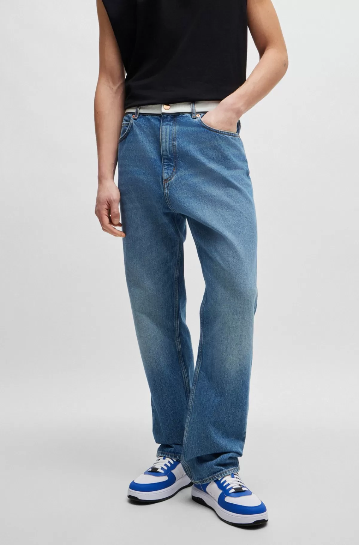 HUGO BOSS Jeans I Mellem Denim Med Logobånd I Taljen Blå Cheap
