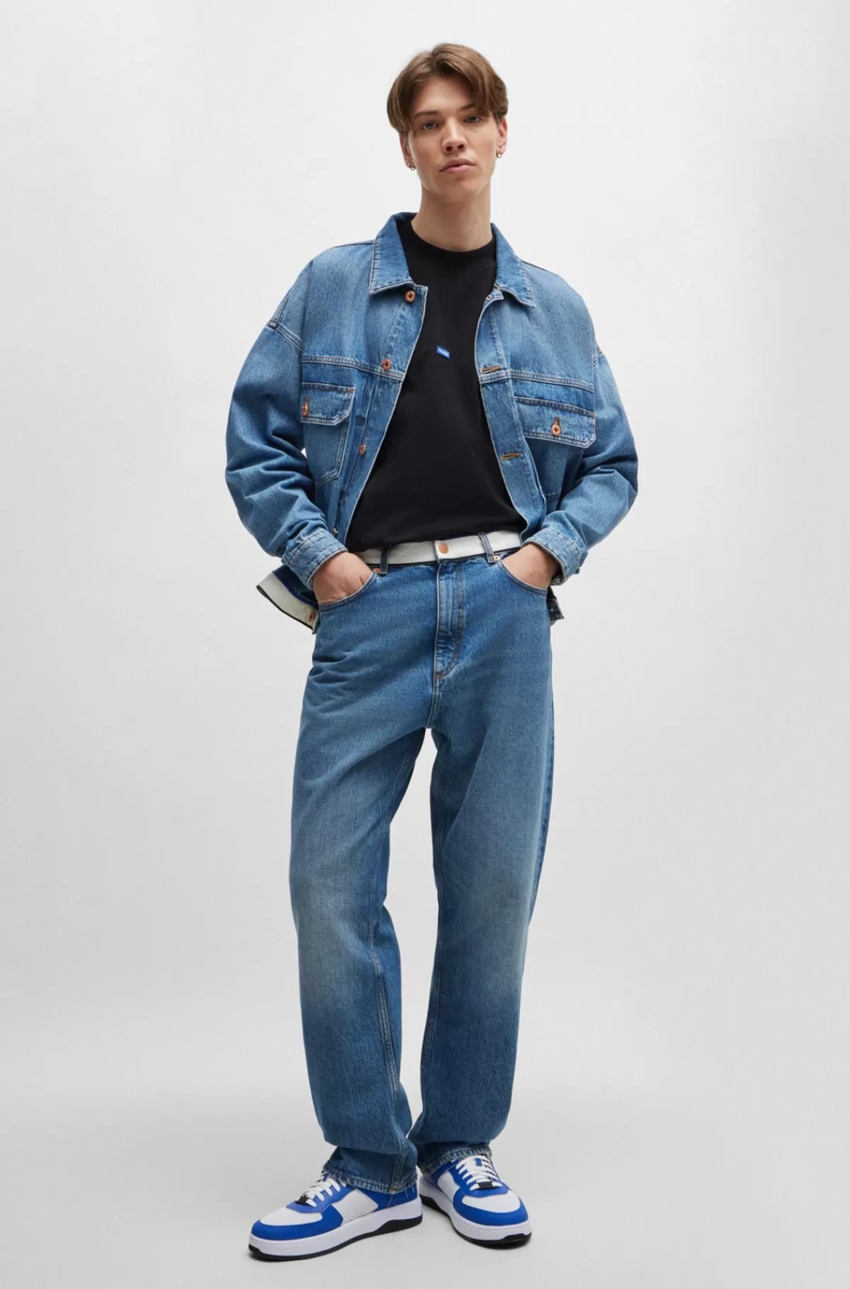 HUGO BOSS Jeans I Mellem Denim Med Logobånd I Taljen Blå Cheap