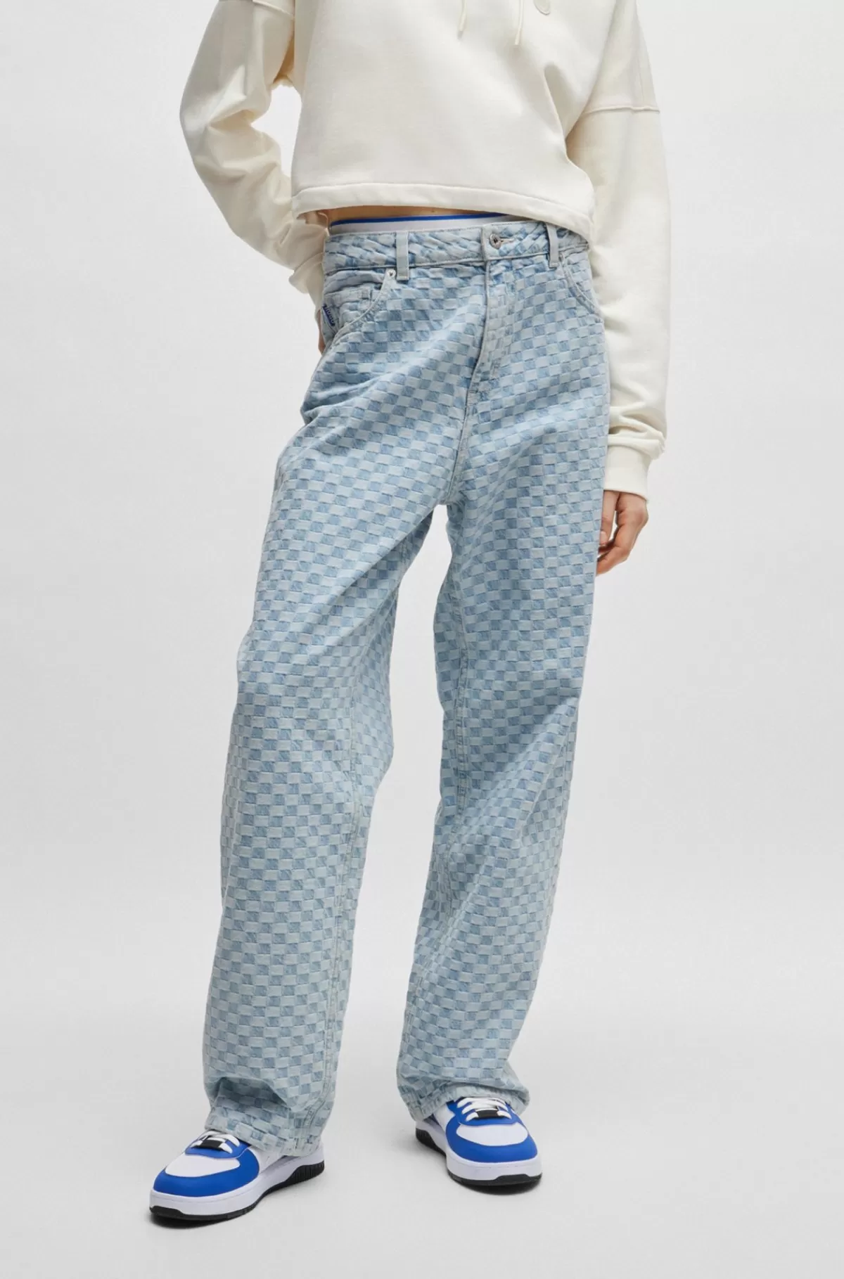 HUGO BOSS Jeans Med Baggy Fit I , Skakternet Denim Uden Stræk Lyseblå Best Sale