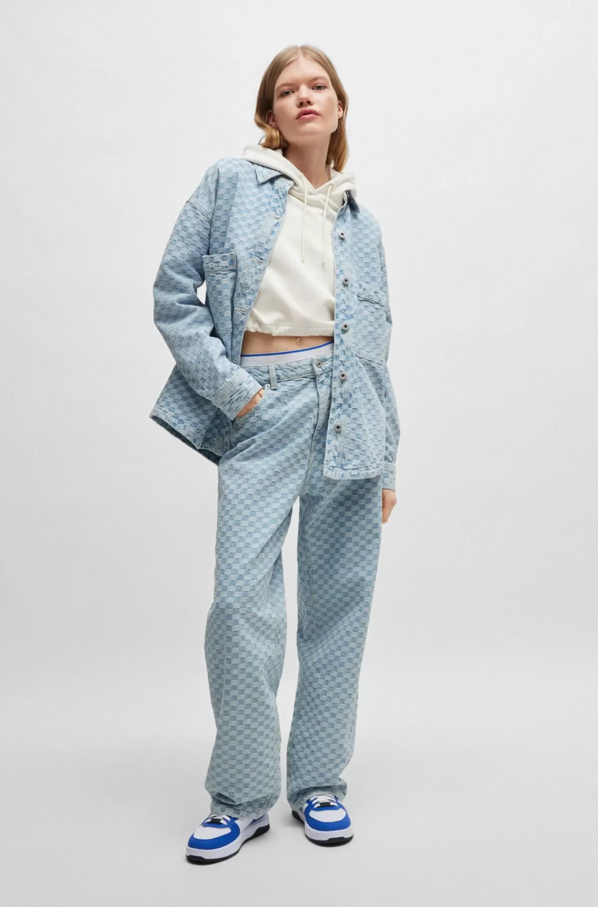 HUGO BOSS Jeans Med Baggy Fit I , Skakternet Denim Uden Stræk Lyseblå Best Sale