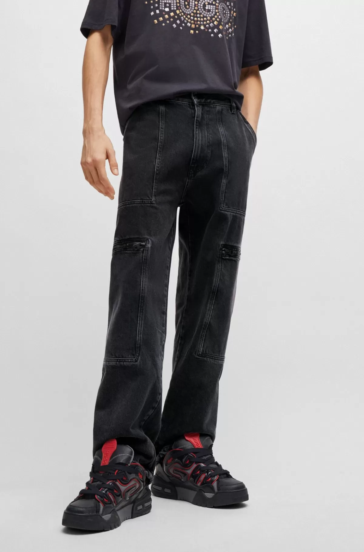 HUGO BOSS Jeans Med Loose Fit I Sort Denim Med Justerbare Kanter Mørkegrå Hot