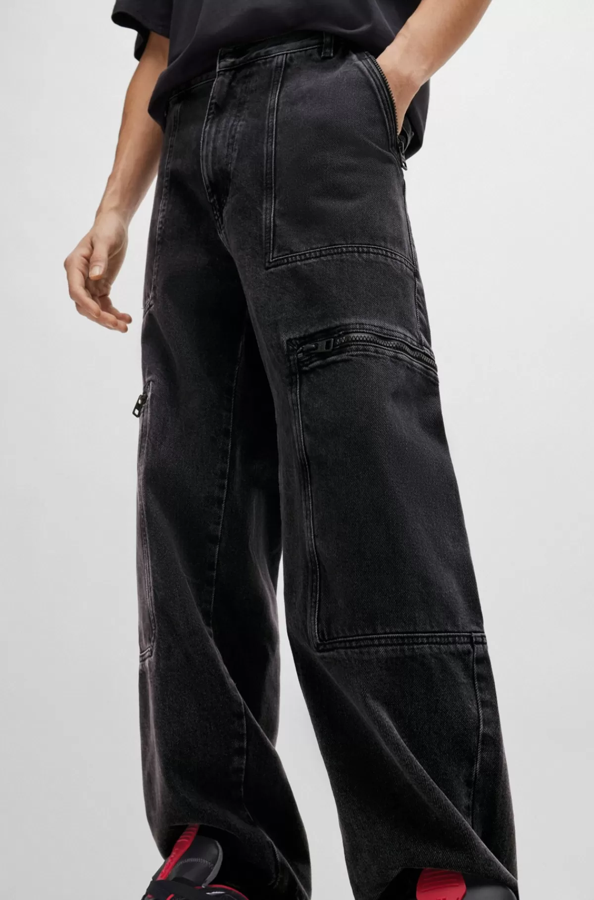 HUGO BOSS Jeans Med Loose Fit I Sort Denim Med Justerbare Kanter Mørkegrå Hot