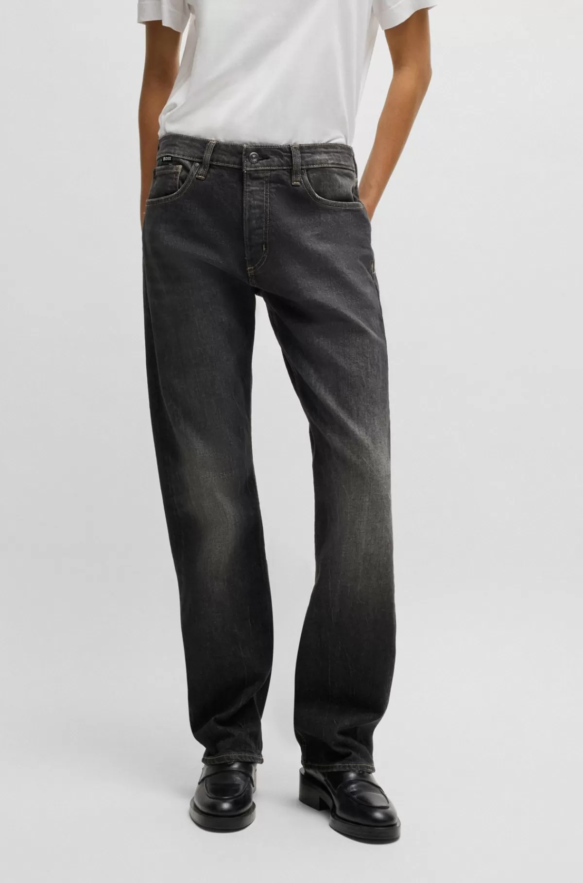 HUGO BOSS Jeans Med Straight Fit I Falmet Denim Med Behageligt Stræk Sort Cheap