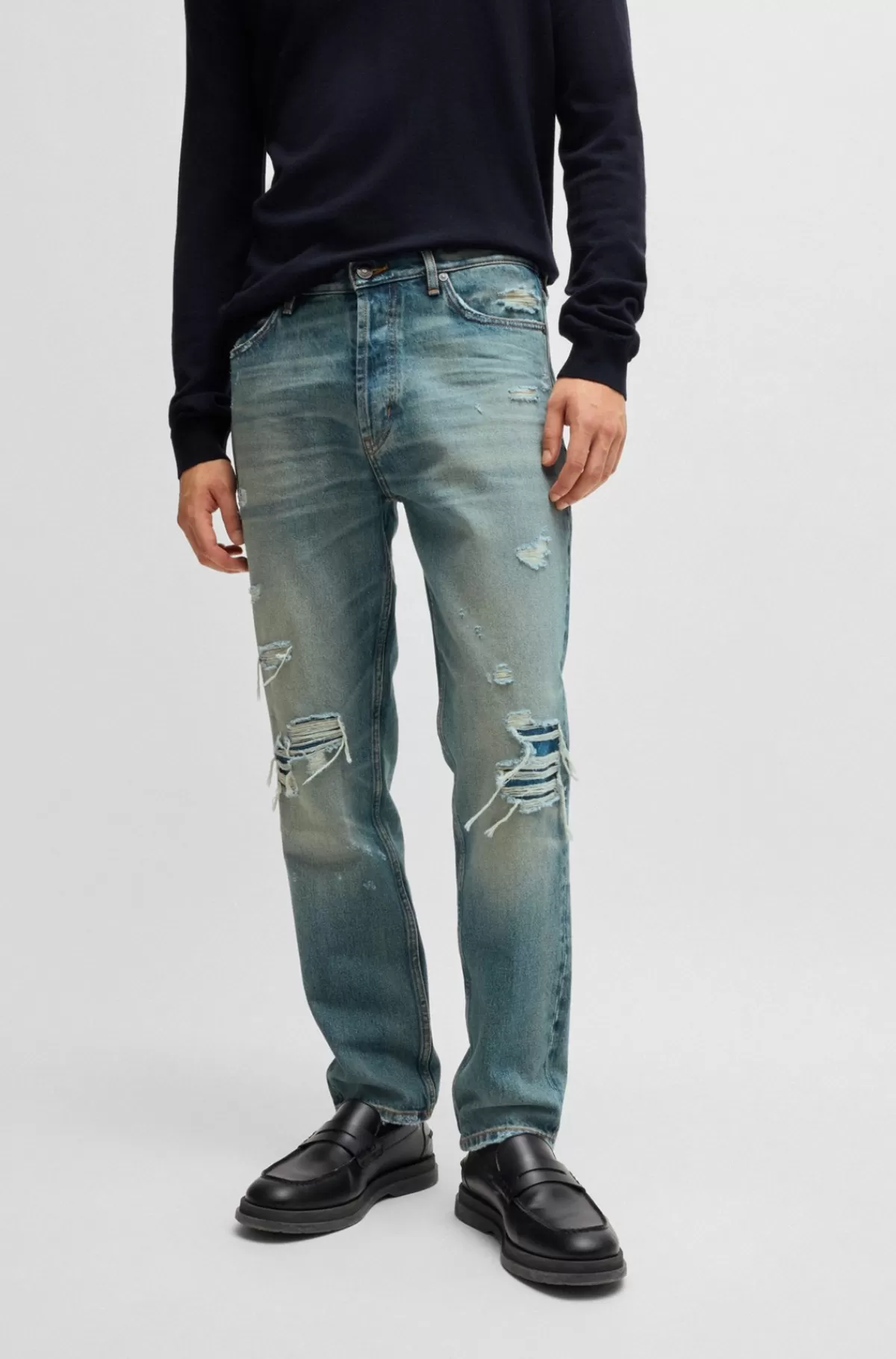 HUGO BOSS Jeans Med Tapered Fit I Slidt Denim Med Vintageeffekt Lyseblå Discount