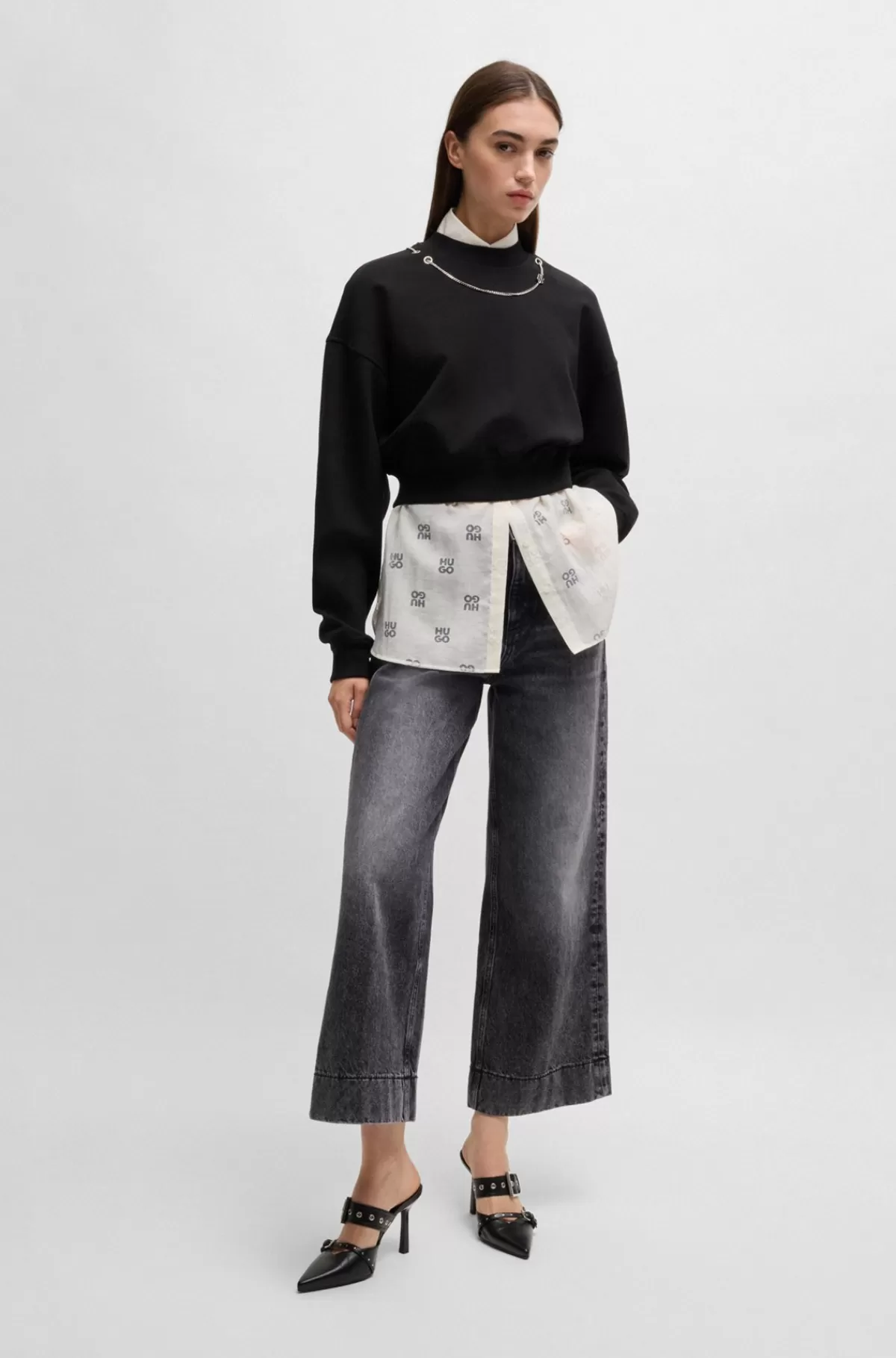 HUGO BOSS Jeans Med Vide Ben I Denim Uden Stræk Sort Cheap