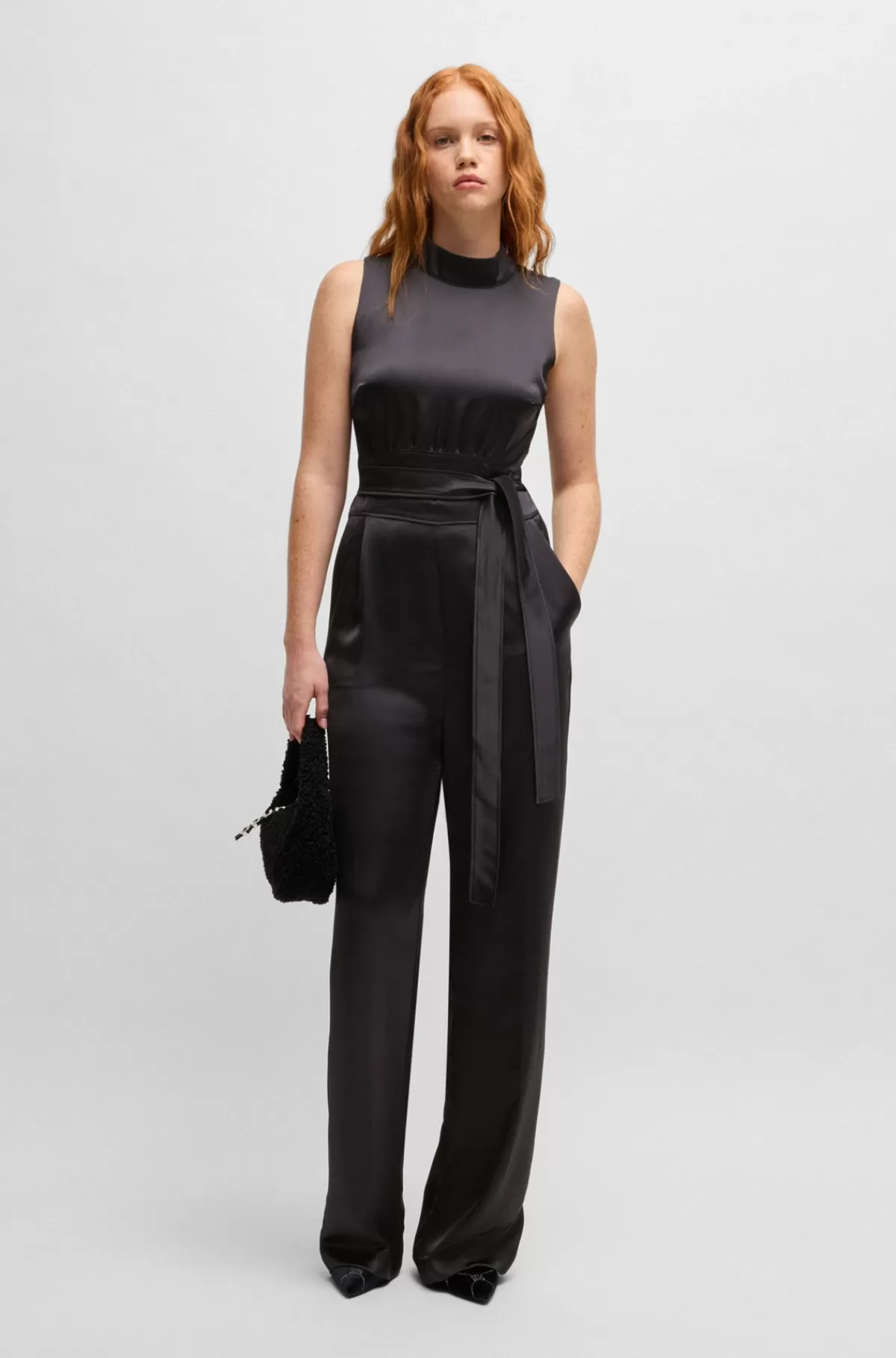 HUGO BOSS Jumpsuit Med Høj Hals I Satin Med Bindebælte Sort Sale