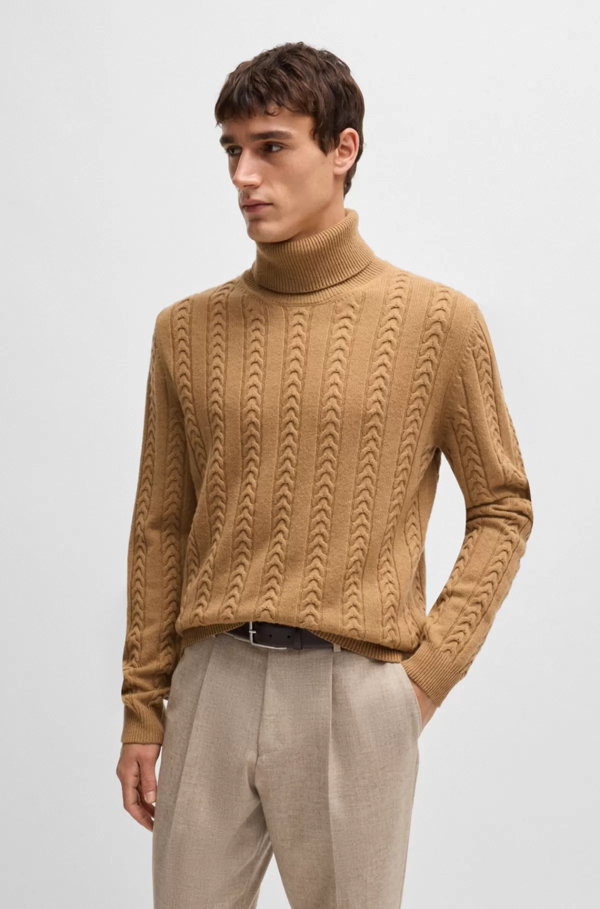 HUGO BOSS Kabelstrikket Sweater I Ny Uld Og Kashmir Beige Sale