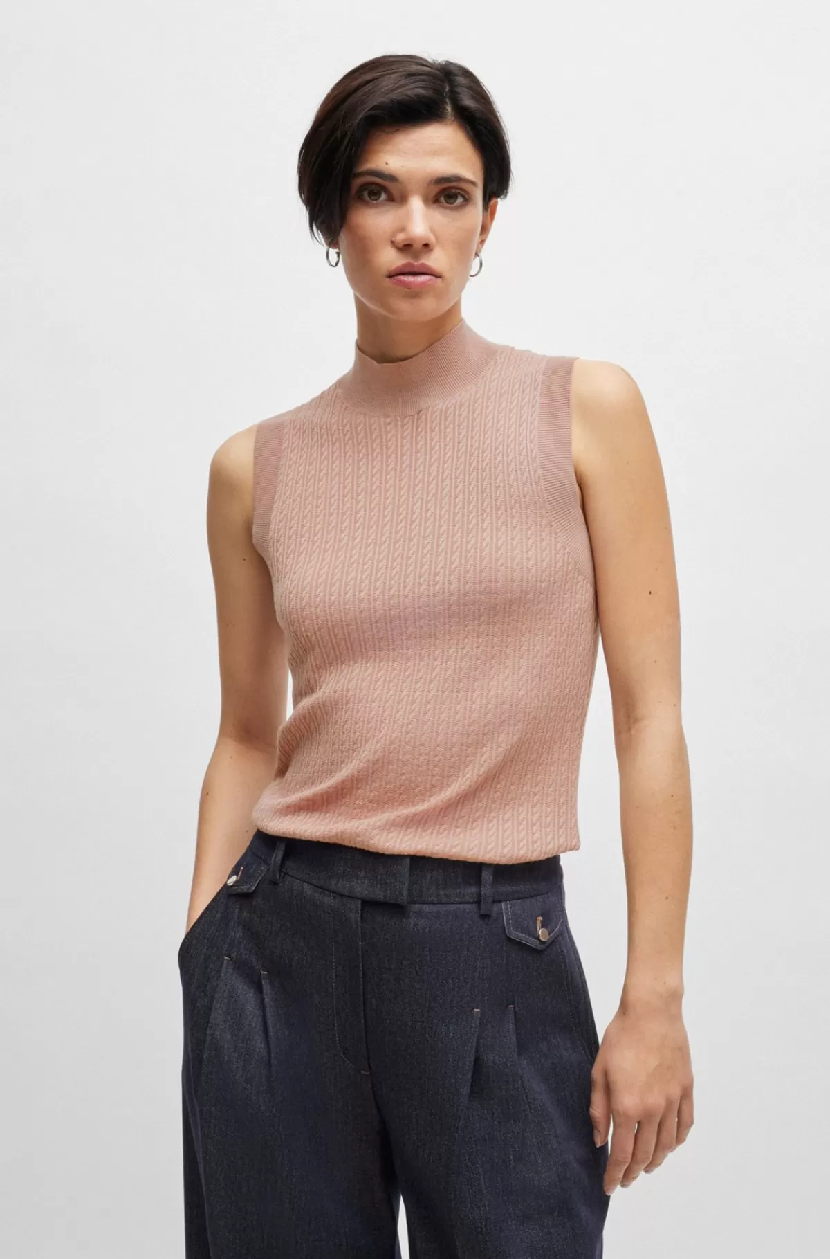 HUGO BOSS Kabelstrikket Top Uden ærmer I Silke Og Bomuld Lys pink Sale