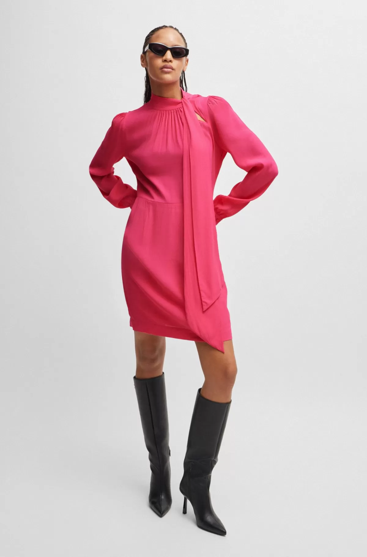 HUGO BOSS Kjole I Crepestof Med Lange ærmer Og Sløjfe I Halsen Pink Fashion