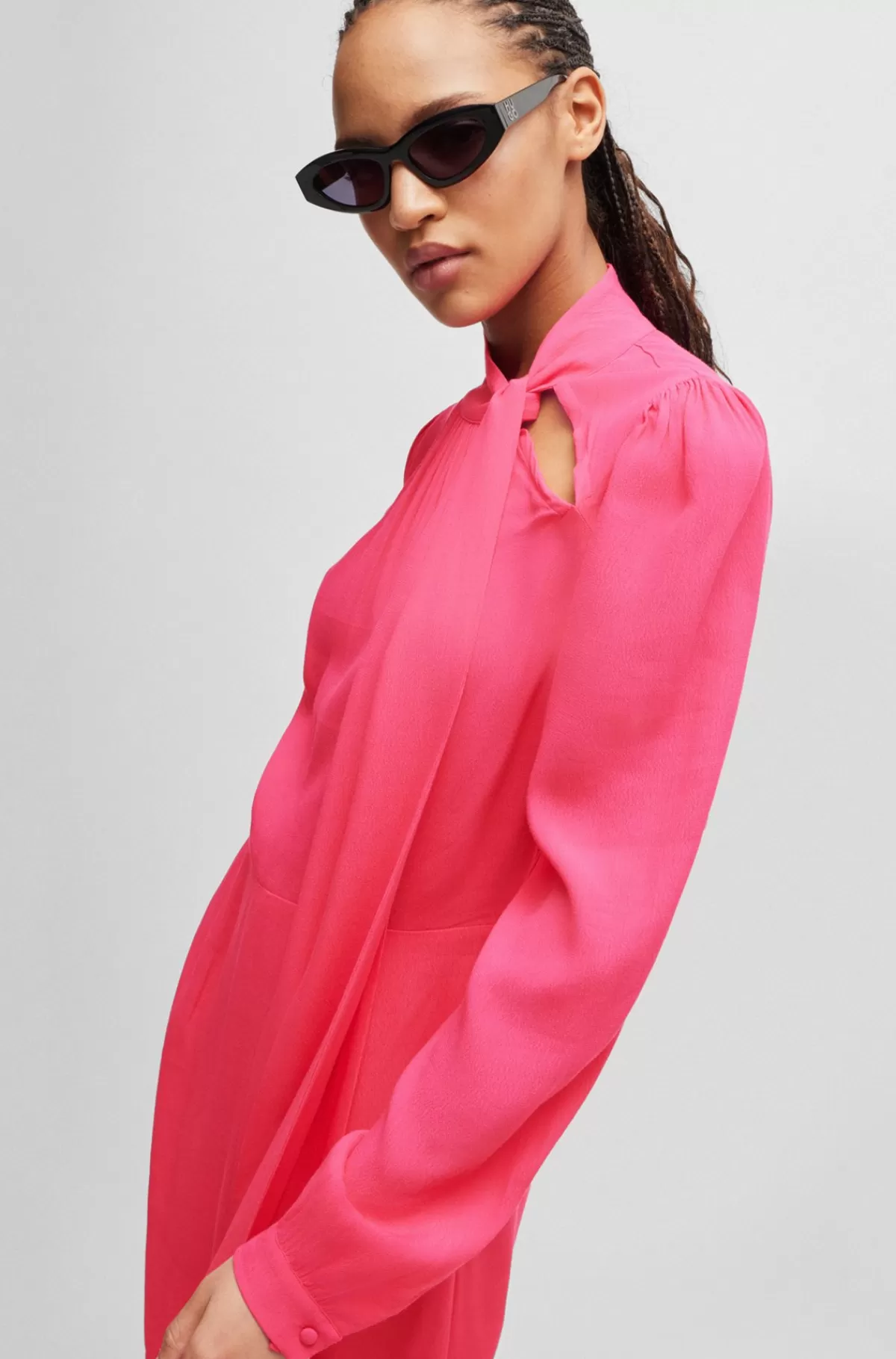 HUGO BOSS Kjole I Crepestof Med Lange ærmer Og Sløjfe I Halsen Pink Fashion