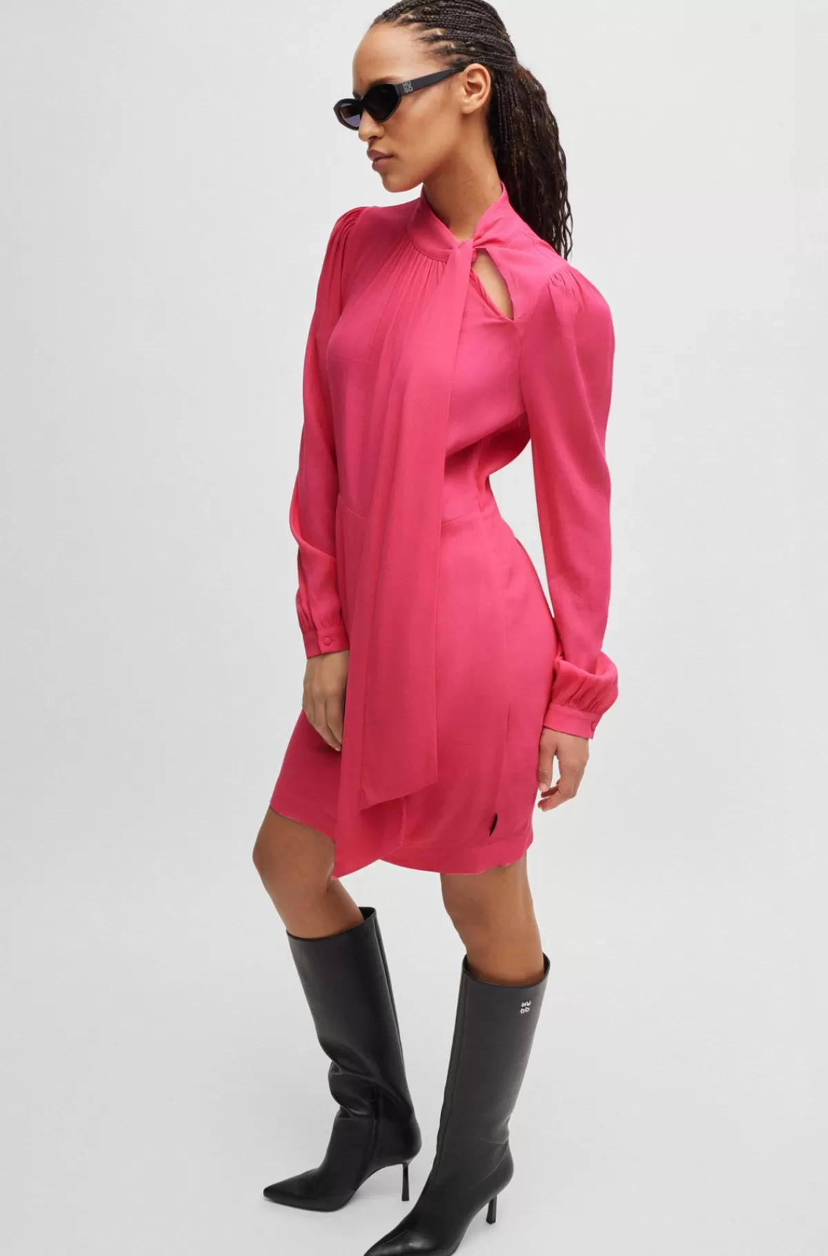 HUGO BOSS Kjole I Crepestof Med Lange ærmer Og Sløjfe I Halsen Pink Fashion