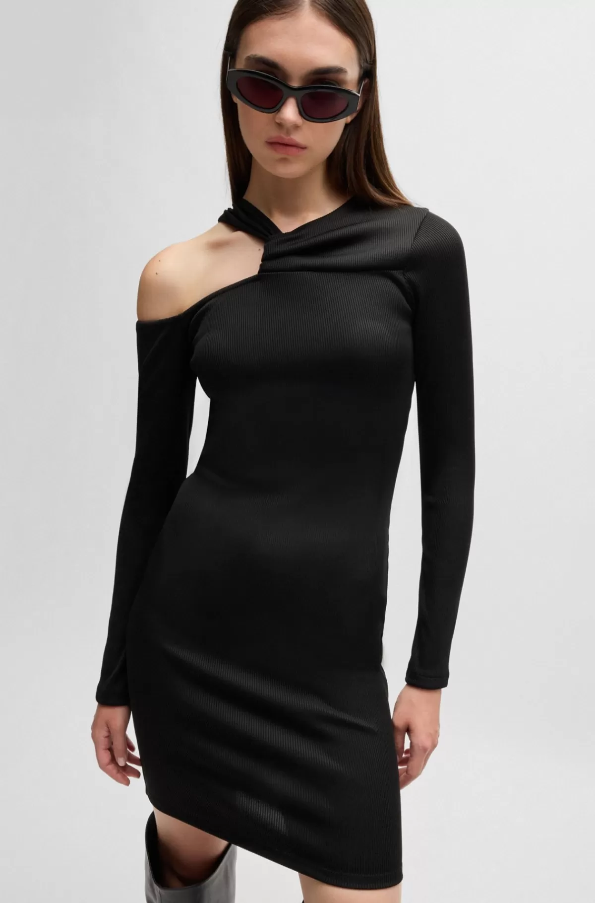 HUGO BOSS Kjole I Jersey Med Ribstruktur, Slim Fit Og Udskæring Ved Skulderen Sort Cheap