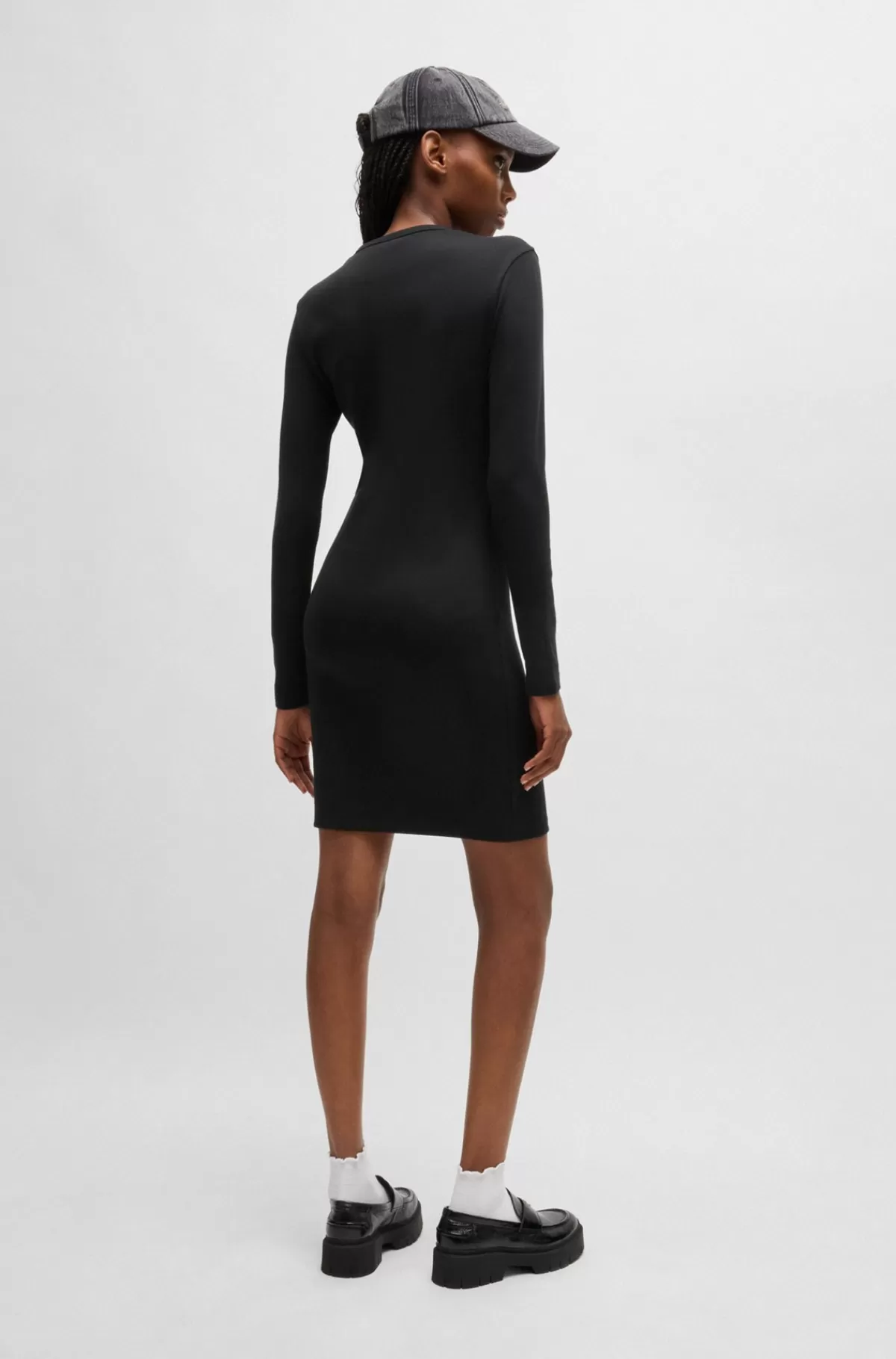 HUGO BOSS Kjole I Ribstof Med Stræk Logo Sort Hot