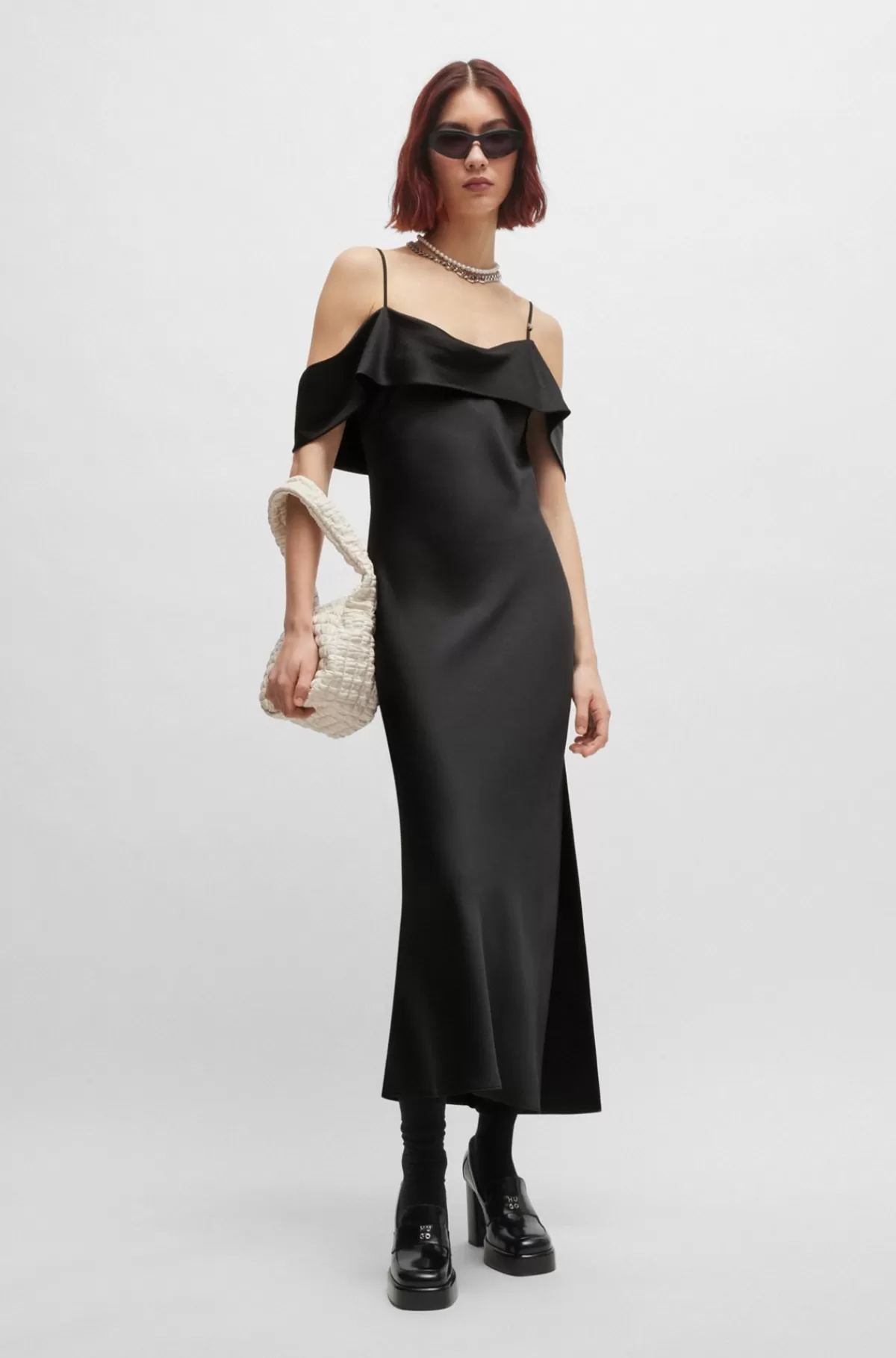 HUGO BOSS Kjole I Satin Med Bardot-hals Sort Flash Sale