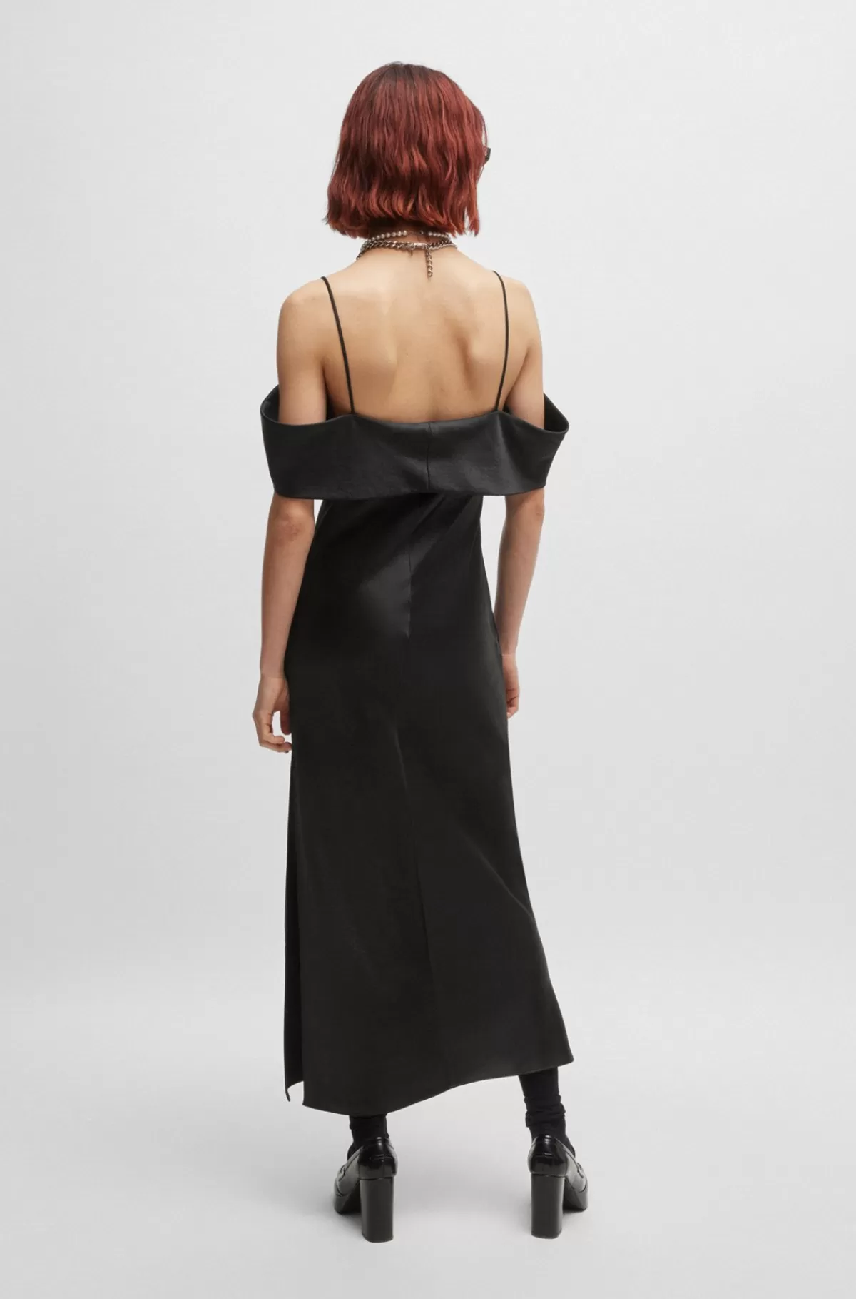 HUGO BOSS Kjole I Satin Med Bardot-hals Sort Flash Sale