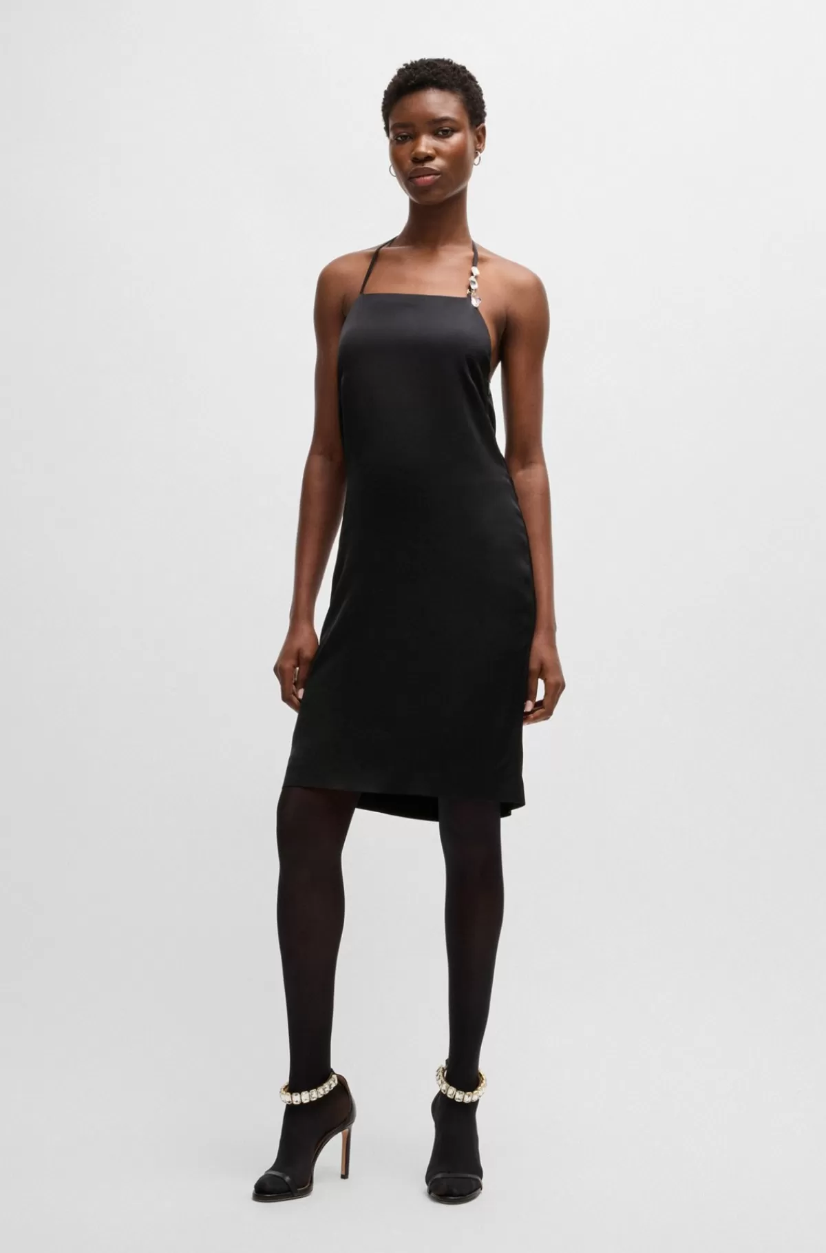 HUGO BOSS Kjole I Satin Med Halterneck Og Krystaller Sort Outlet