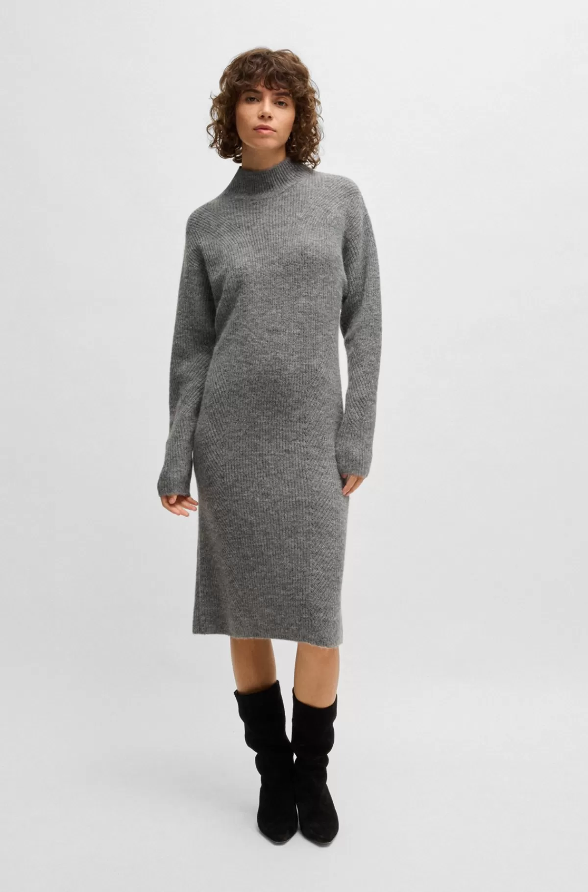 HUGO BOSS Kjole Med Lange ærmer Og Relaxed Fit I Blandede Ribstrukturer Grå Clearance