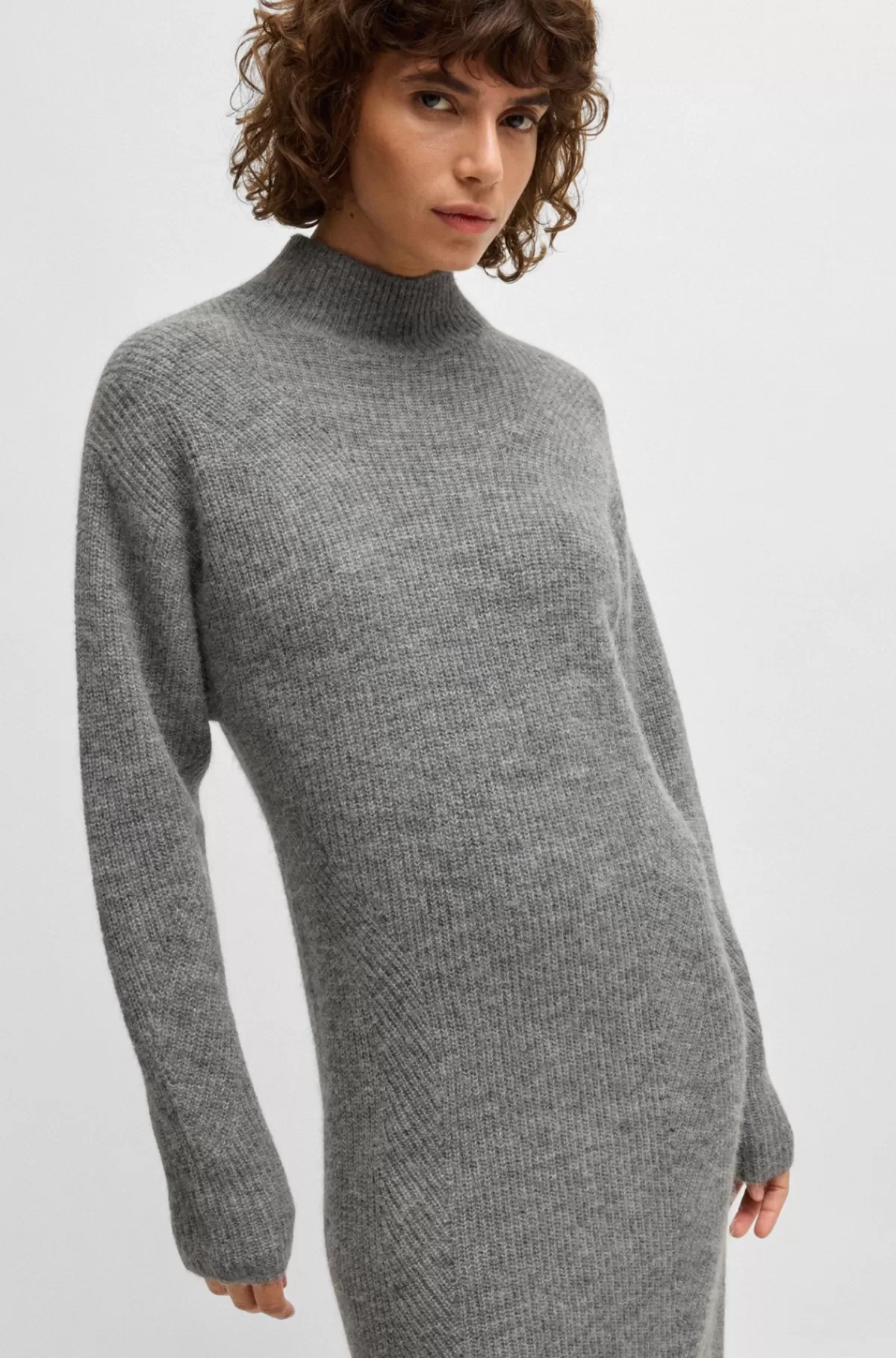 HUGO BOSS Kjole Med Lange ærmer Og Relaxed Fit I Blandede Ribstrukturer Grå Clearance