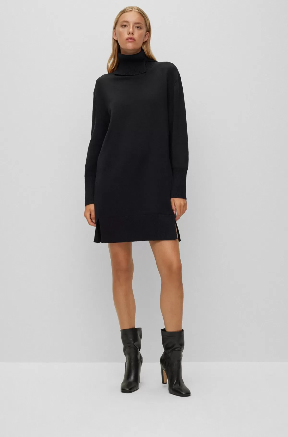 HUGO BOSS Kjole Med Rullekrave I Bomuld Og Ny Uld Sort Cheap