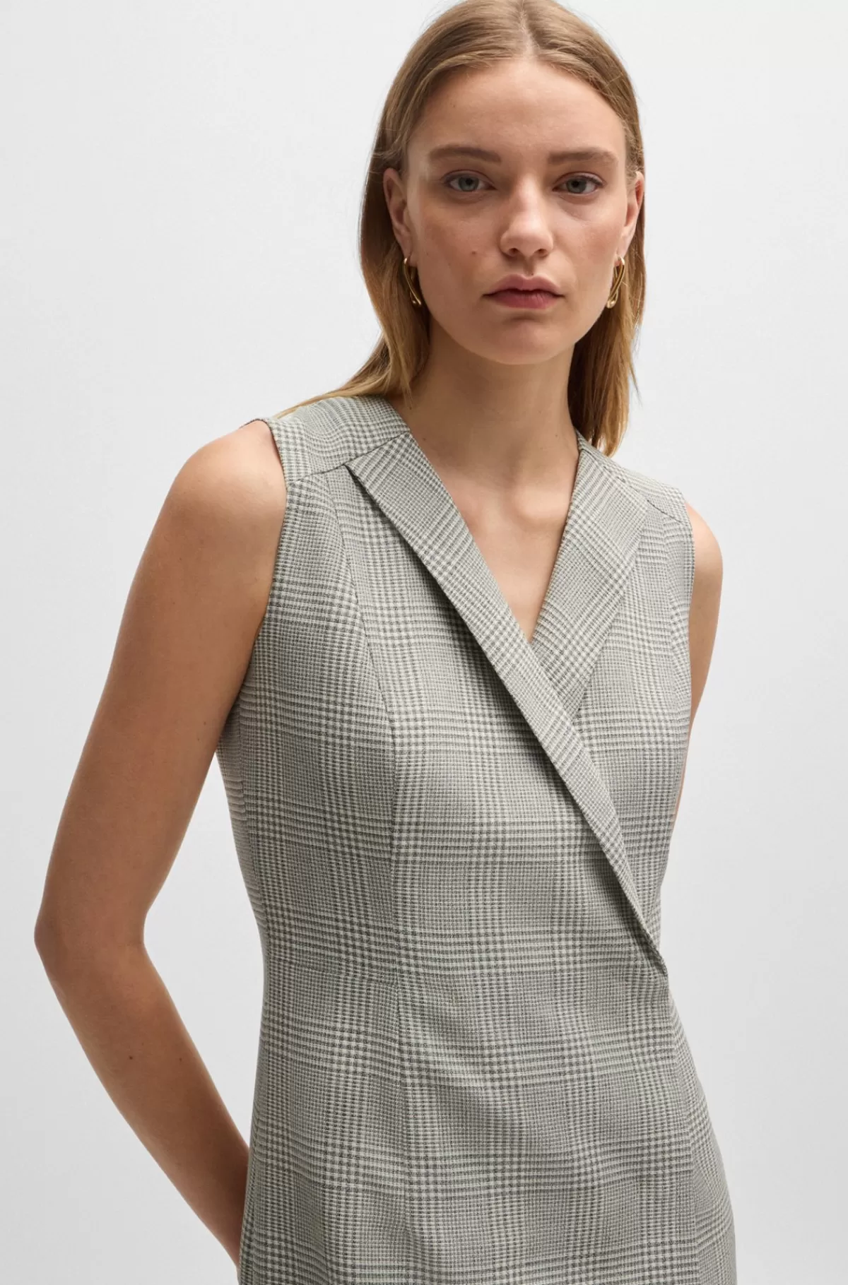 HUGO BOSS Kjole Med Slå Om-effekt I Ternet Uldcrepe Af Ny Uld Grå mønstret Outlet