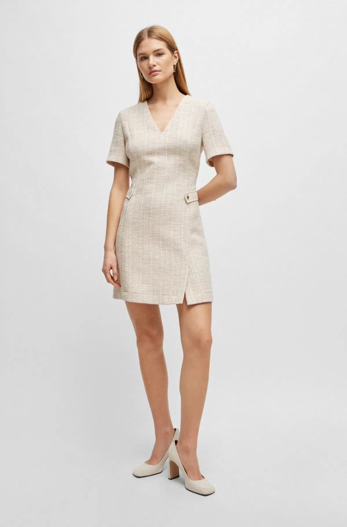 HUGO BOSS Kjole Med V-hals I Meleret Tweed Med Metalknapper Lys beige Flash Sale