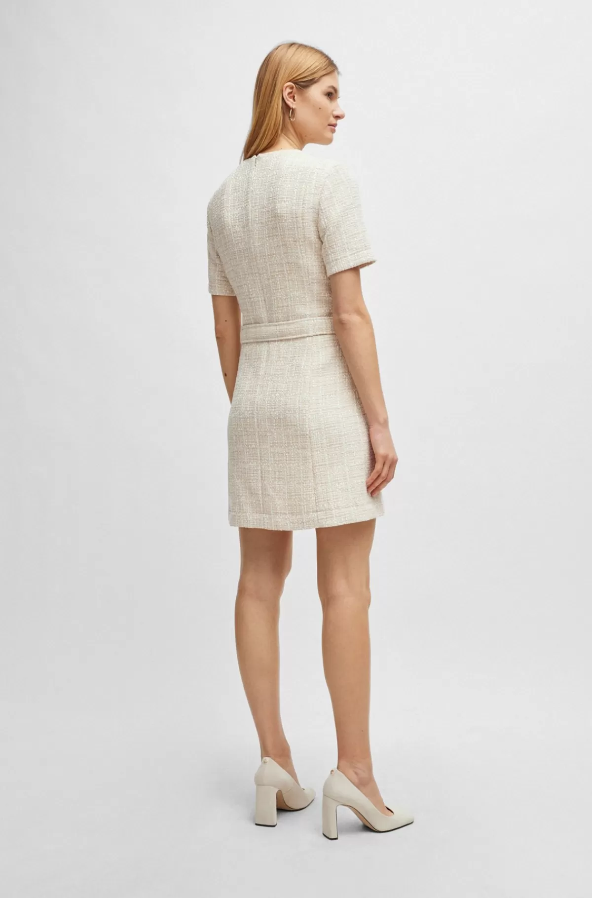HUGO BOSS Kjole Med V-hals I Meleret Tweed Med Metalknapper Lys beige Flash Sale