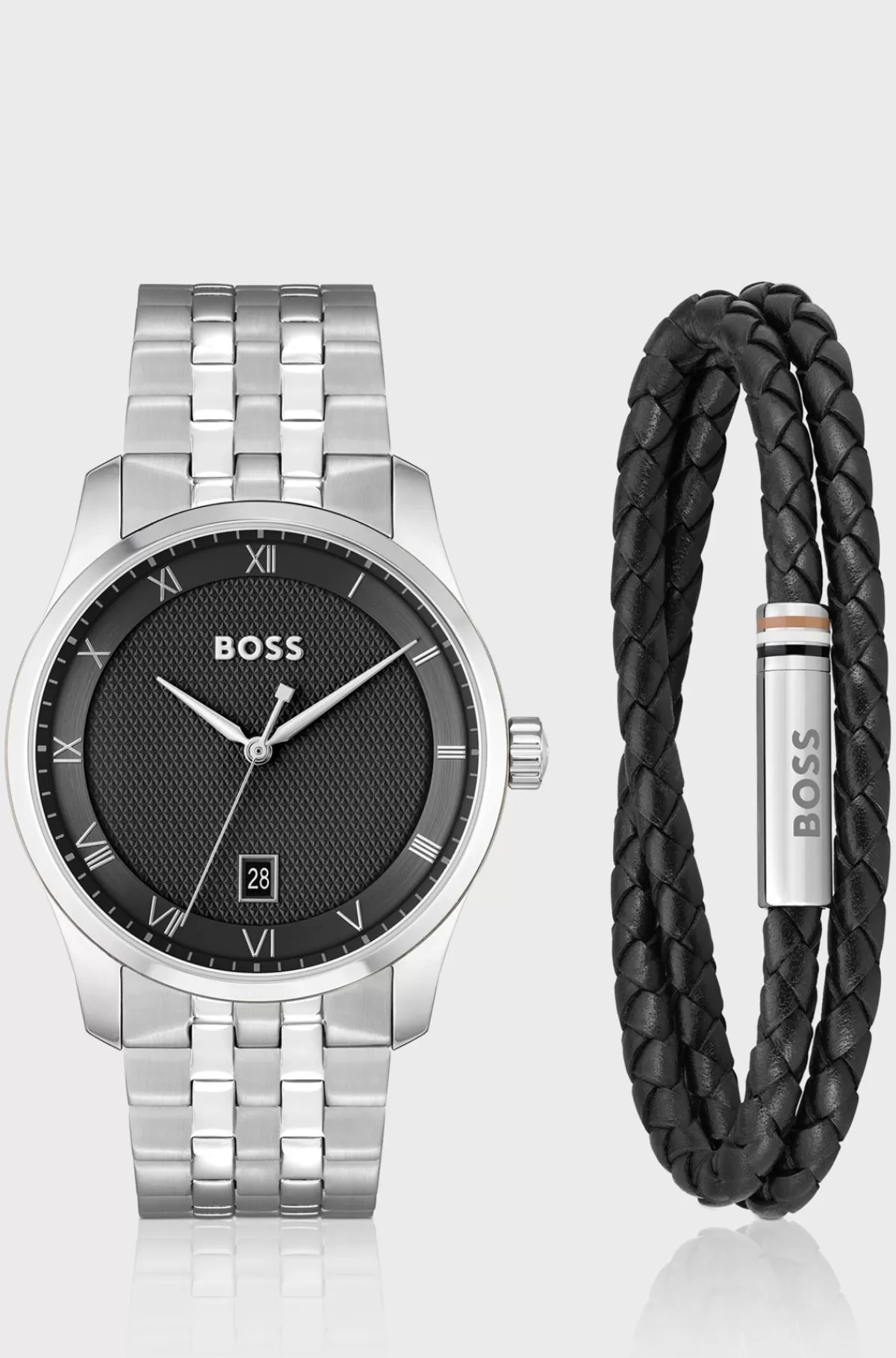 HUGO BOSS Knurled-dial Watch And Braided-leather Cuff Gift Set Sølv Outlet