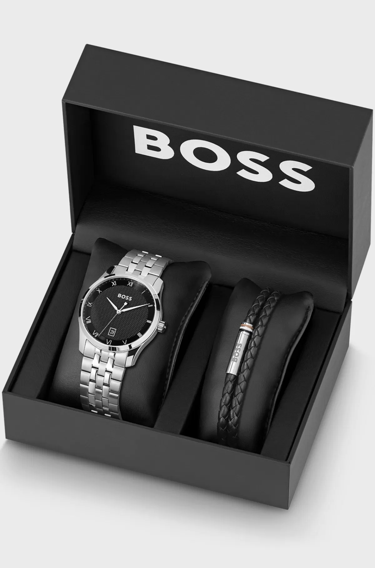 HUGO BOSS Knurled-dial Watch And Braided-leather Cuff Gift Set Sølv Outlet