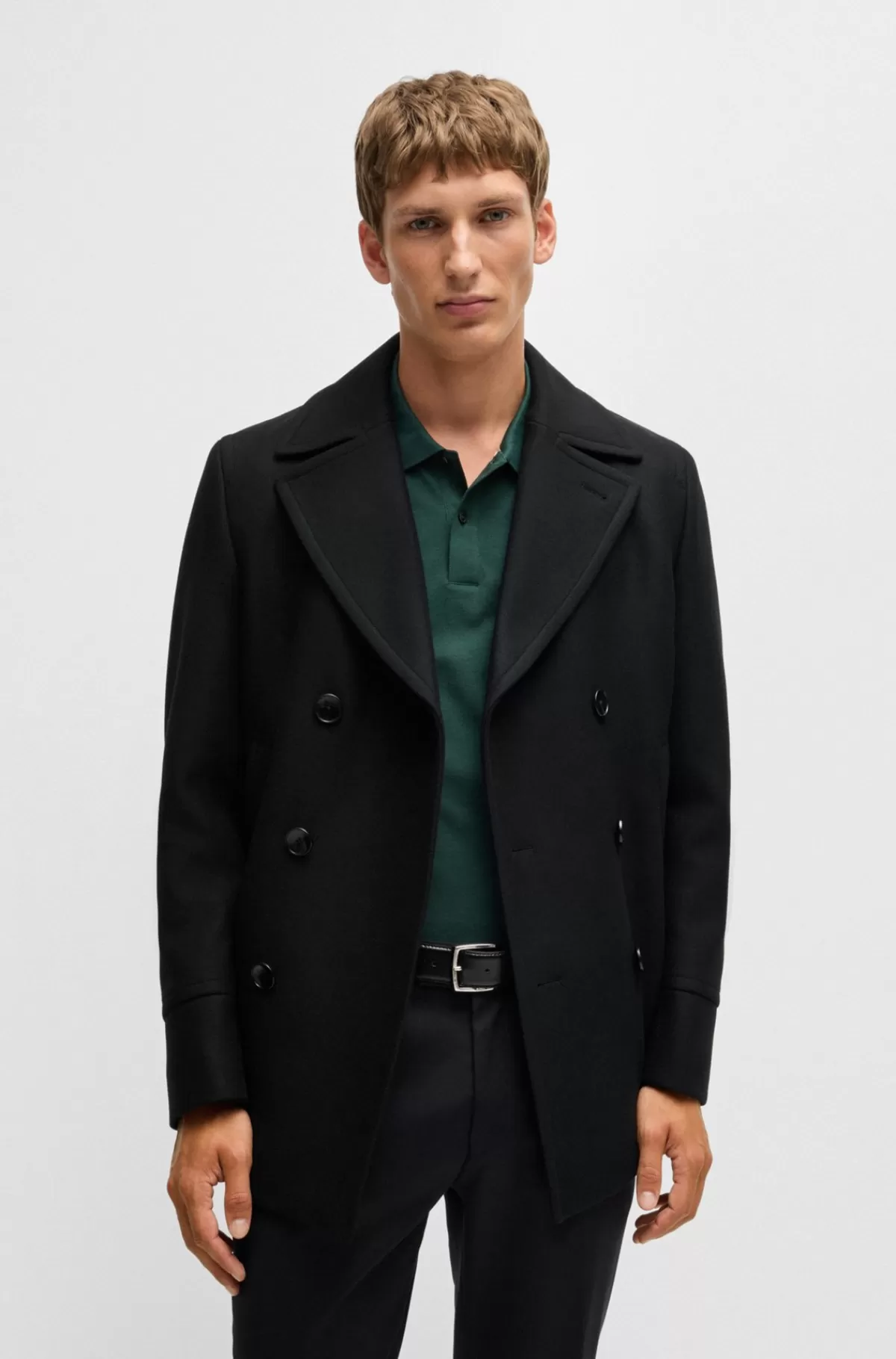 HUGO BOSS Kort Frakke I Uldblanding Med Dobbeltradet Lukning Og Slim Fit Sort Cheap