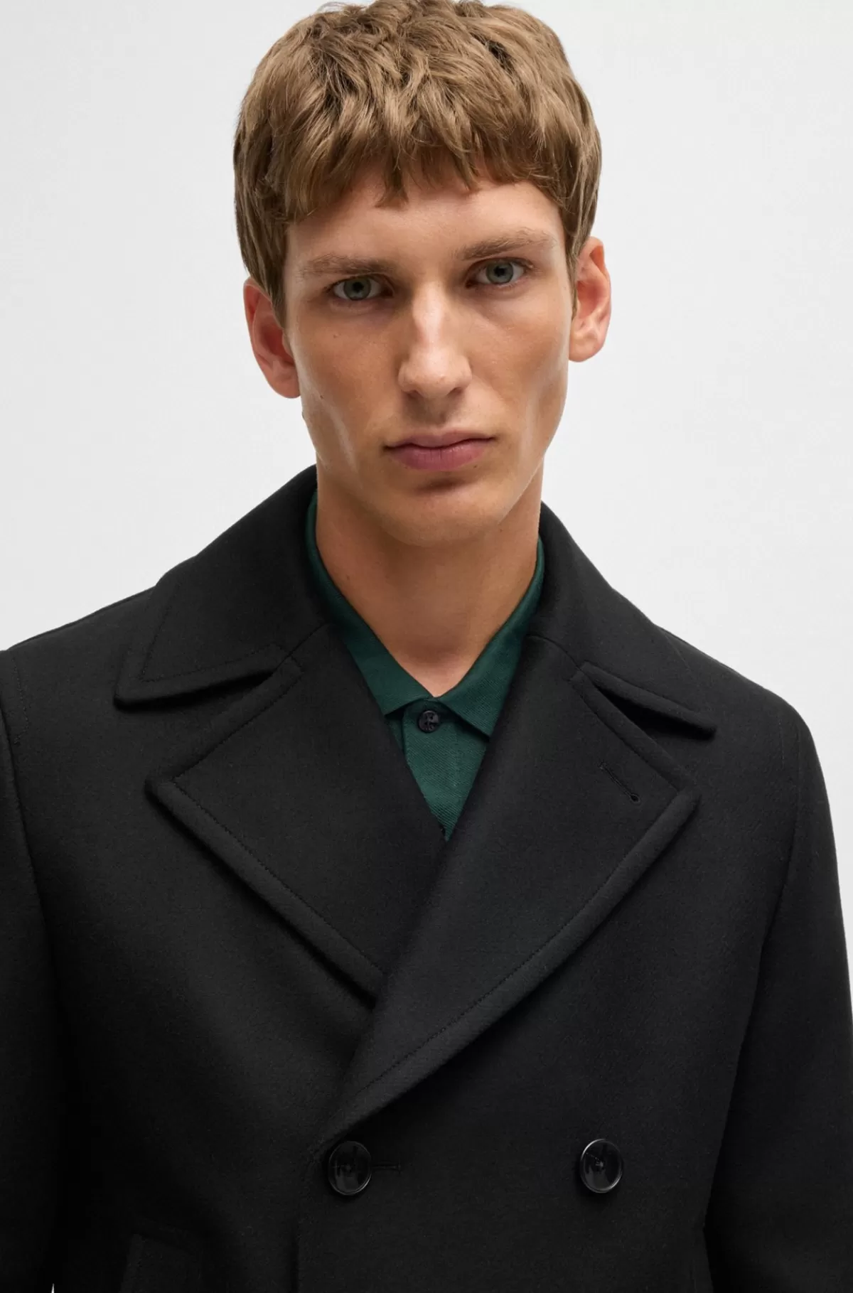 HUGO BOSS Kort Frakke I Uldblanding Med Dobbeltradet Lukning Og Slim Fit Sort Cheap