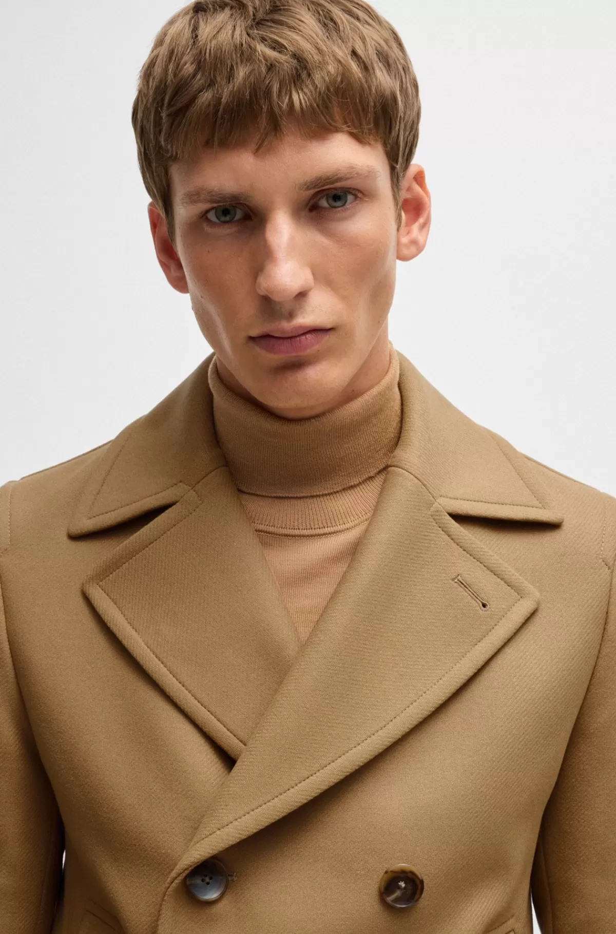 HUGO BOSS Kort Frakke I Uldblanding Med Dobbeltradet Lukning Og Slim Fit Beige Outlet