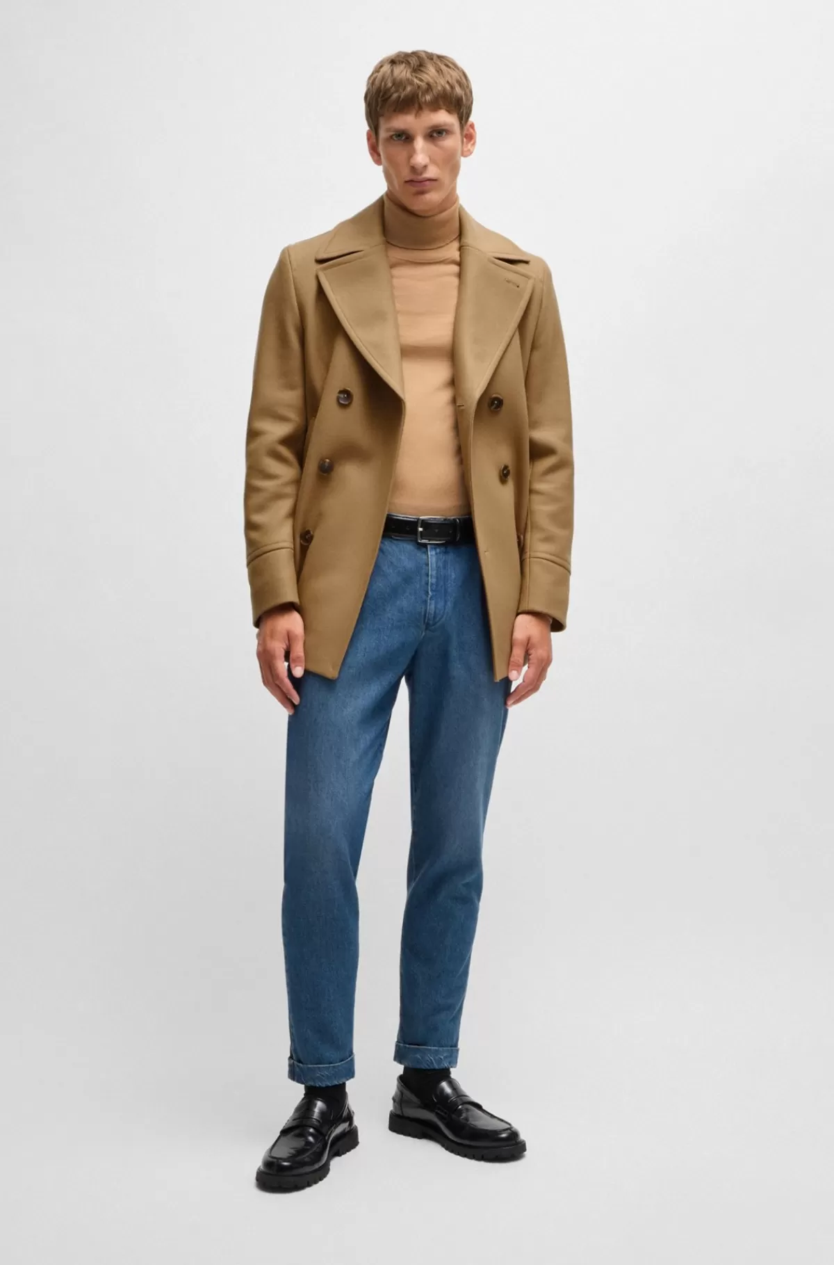 HUGO BOSS Kort Frakke I Uldblanding Med Dobbeltradet Lukning Og Slim Fit Beige Outlet