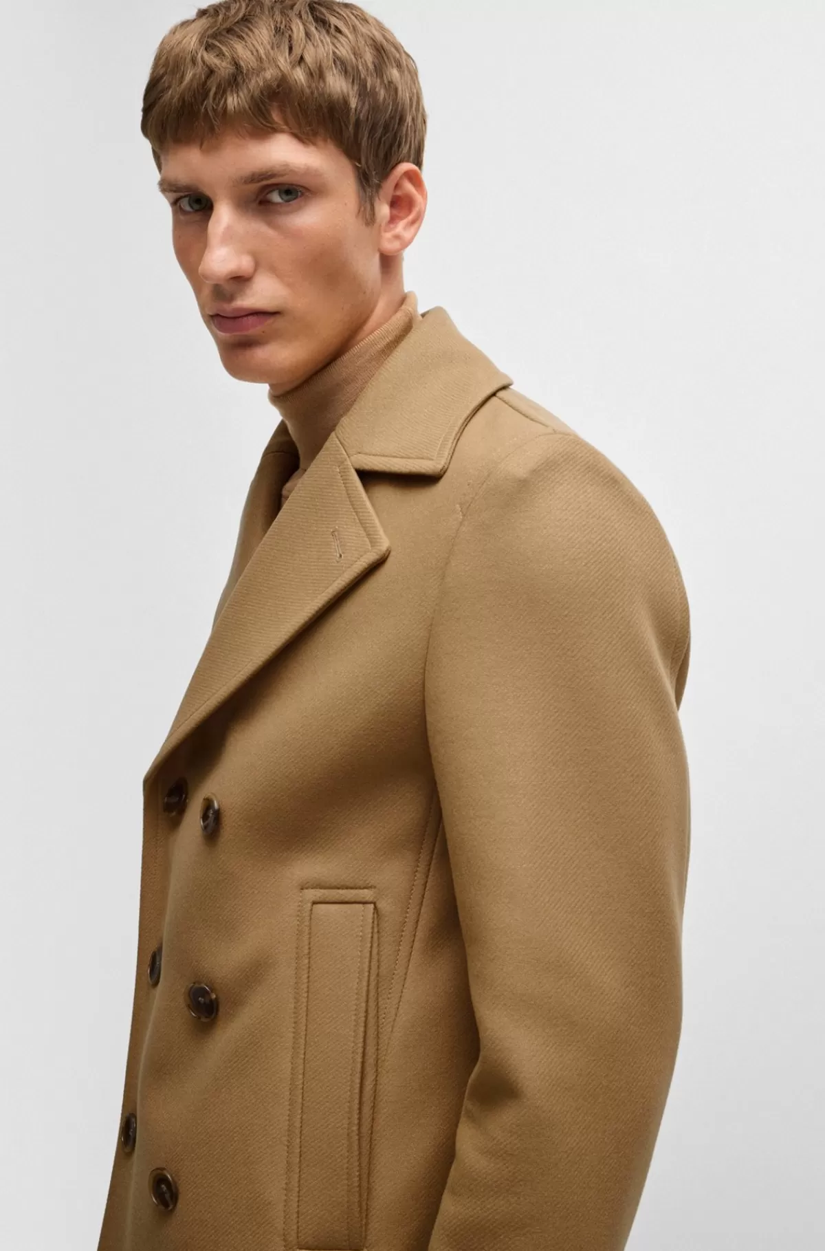HUGO BOSS Kort Frakke I Uldblanding Med Dobbeltradet Lukning Og Slim Fit Beige Outlet