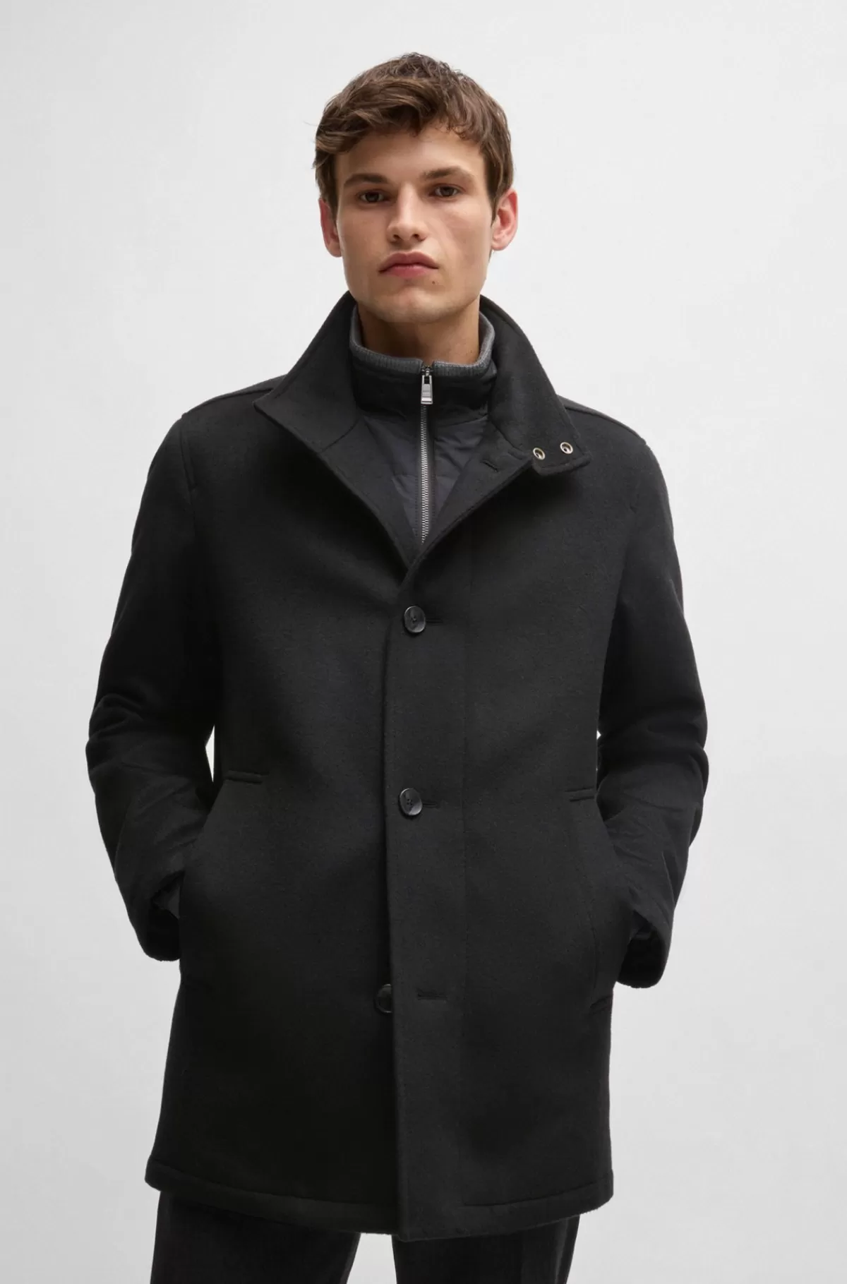 HUGO BOSS Kort Frakke Med Relaxed Fit I Ny Uld Og Kashmir Sort Cheap