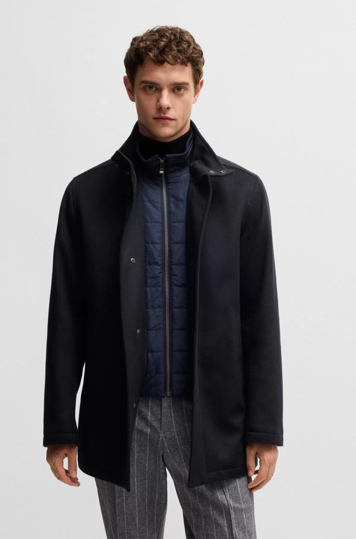 HUGO BOSS Kort Frakke Med Relaxed Fit I Ny Uld Og Kashmir Mørkeblå Discount