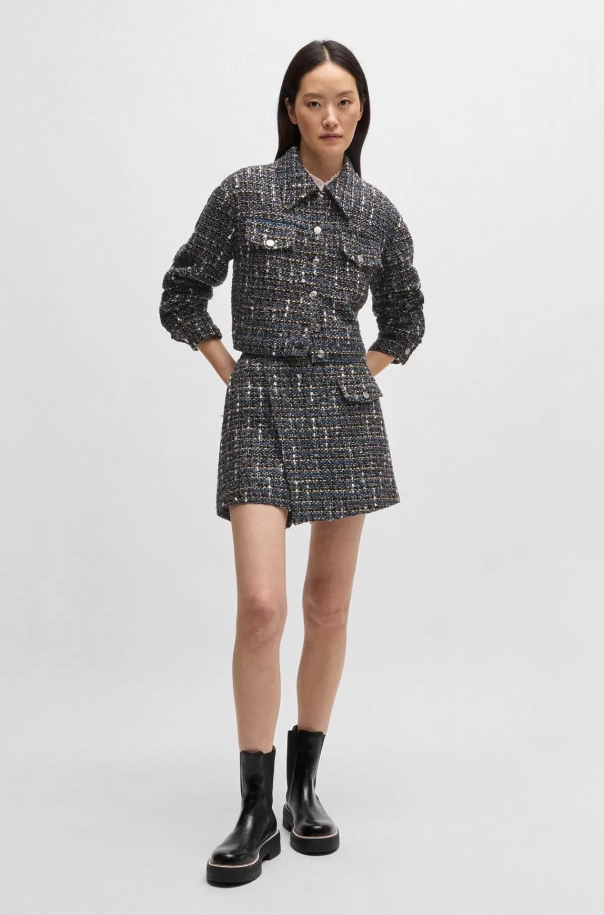 HUGO BOSS Kort Jakke I Tweed Med Brandede Knapper Mønstret Sale