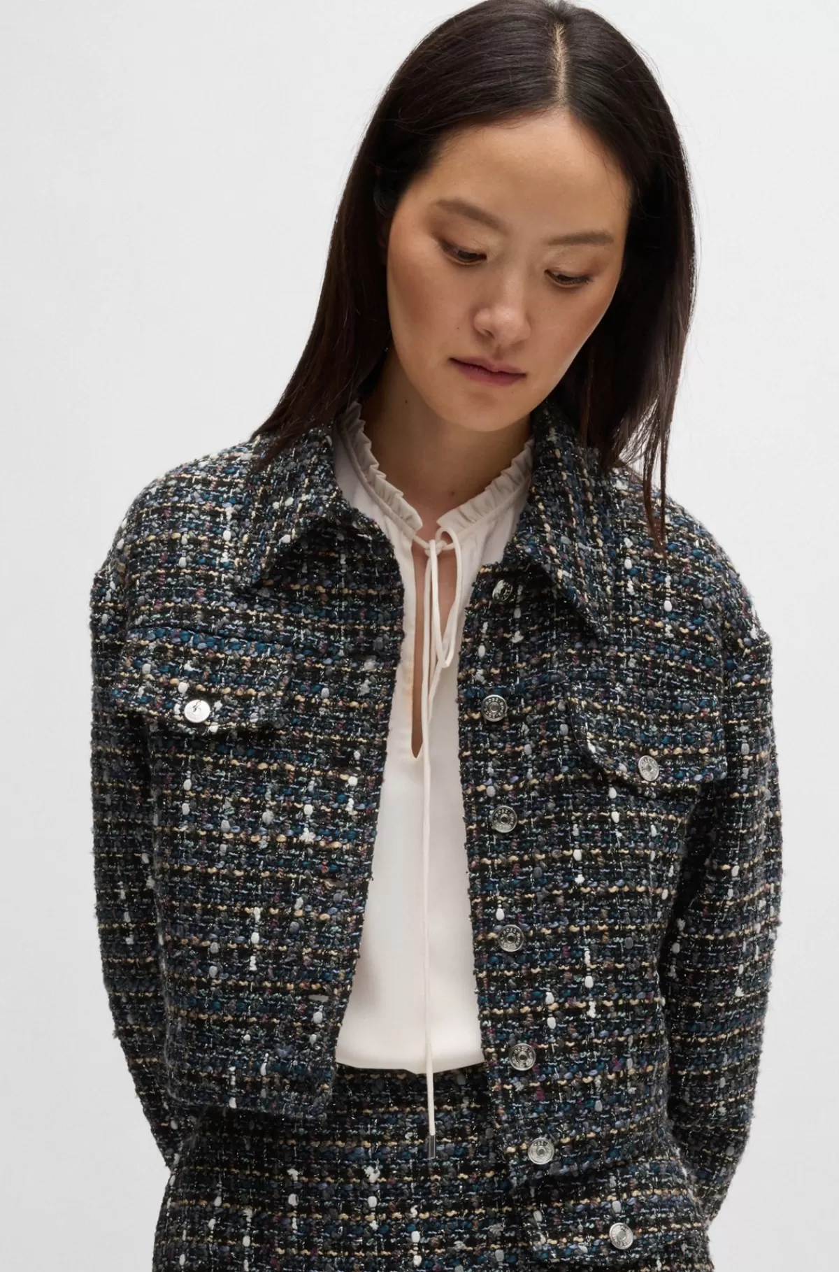 HUGO BOSS Kort Jakke I Tweed Med Brandede Knapper Mønstret Sale