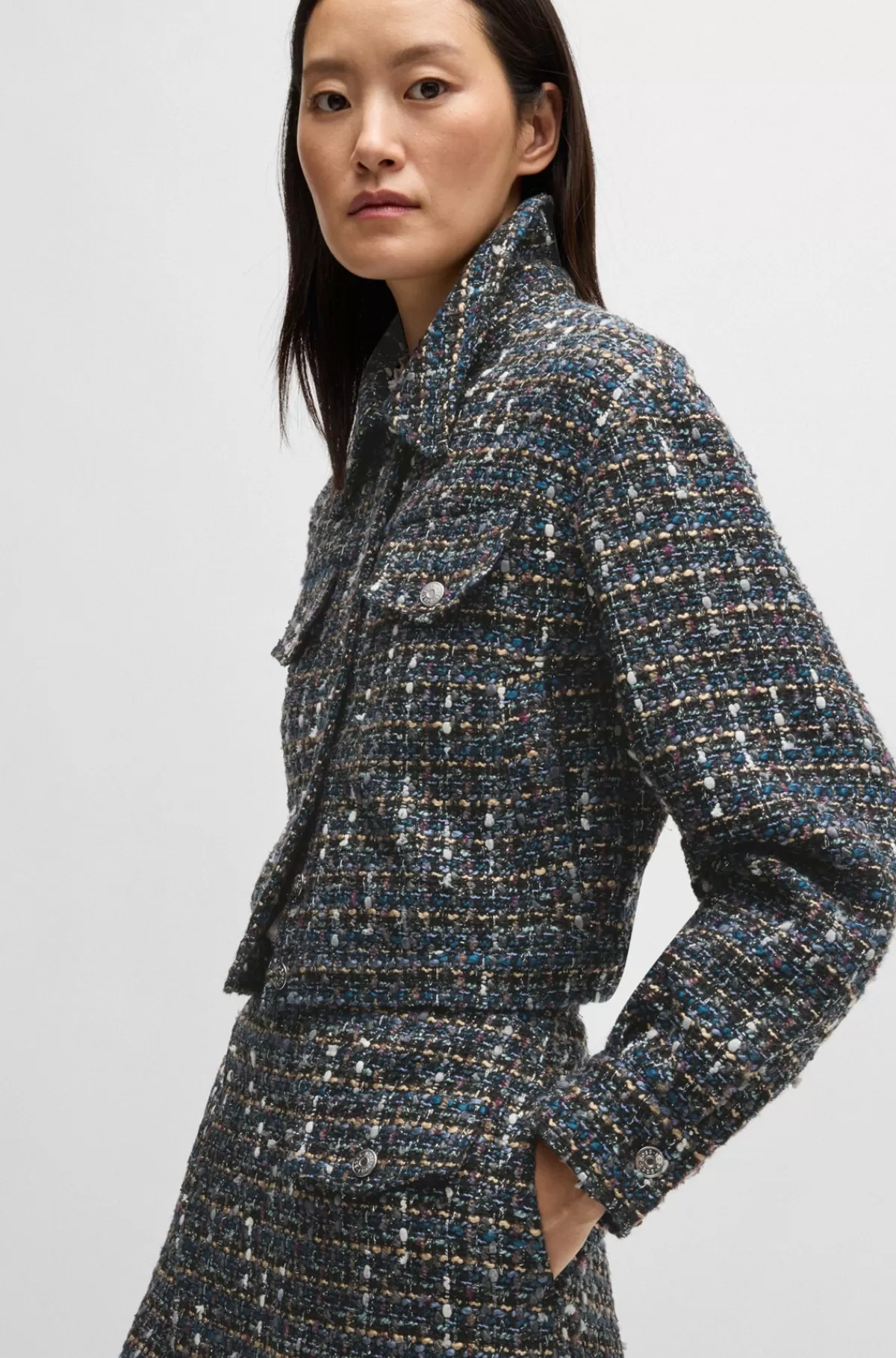HUGO BOSS Kort Jakke I Tweed Med Brandede Knapper Mønstret Sale