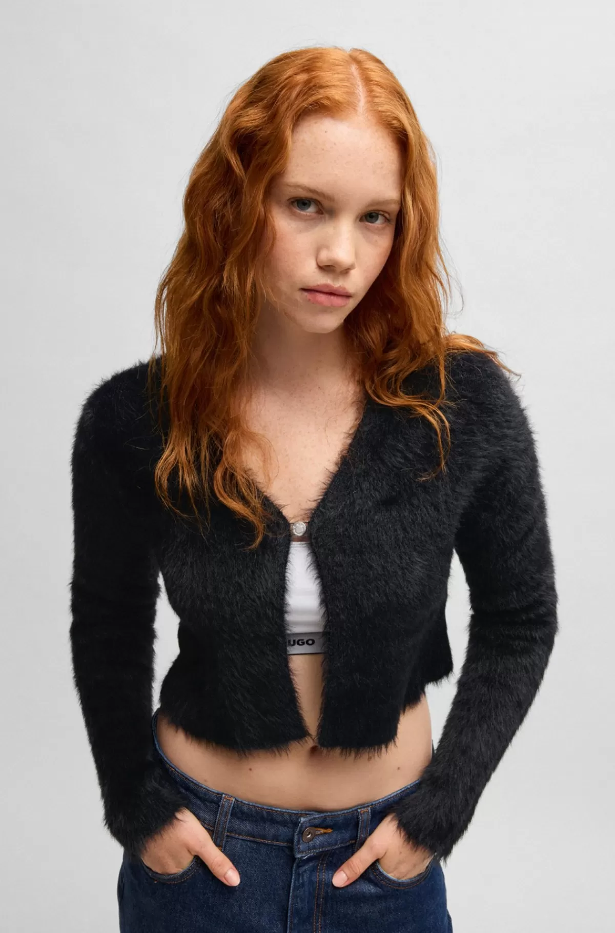 HUGO BOSS Kort Og Blød Cardigan Med Happy HUGO Spænde Sort New