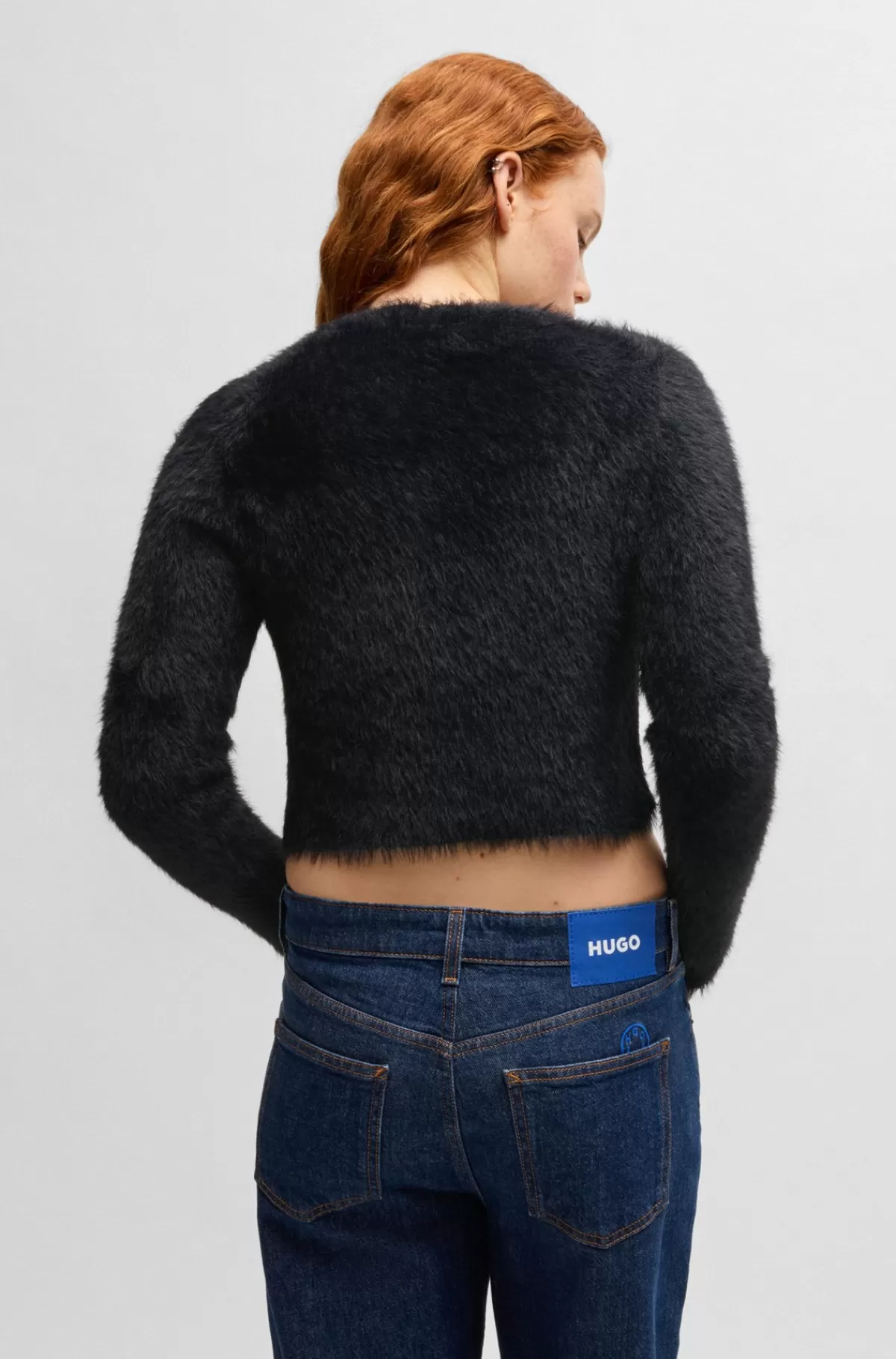 HUGO BOSS Kort Og Blød Cardigan Med Happy HUGO Spænde Sort New