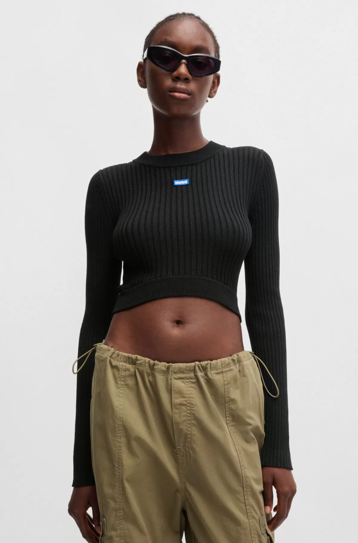 HUGO BOSS Kort Sweater Med Blåt Logomærkat Sort Discount
