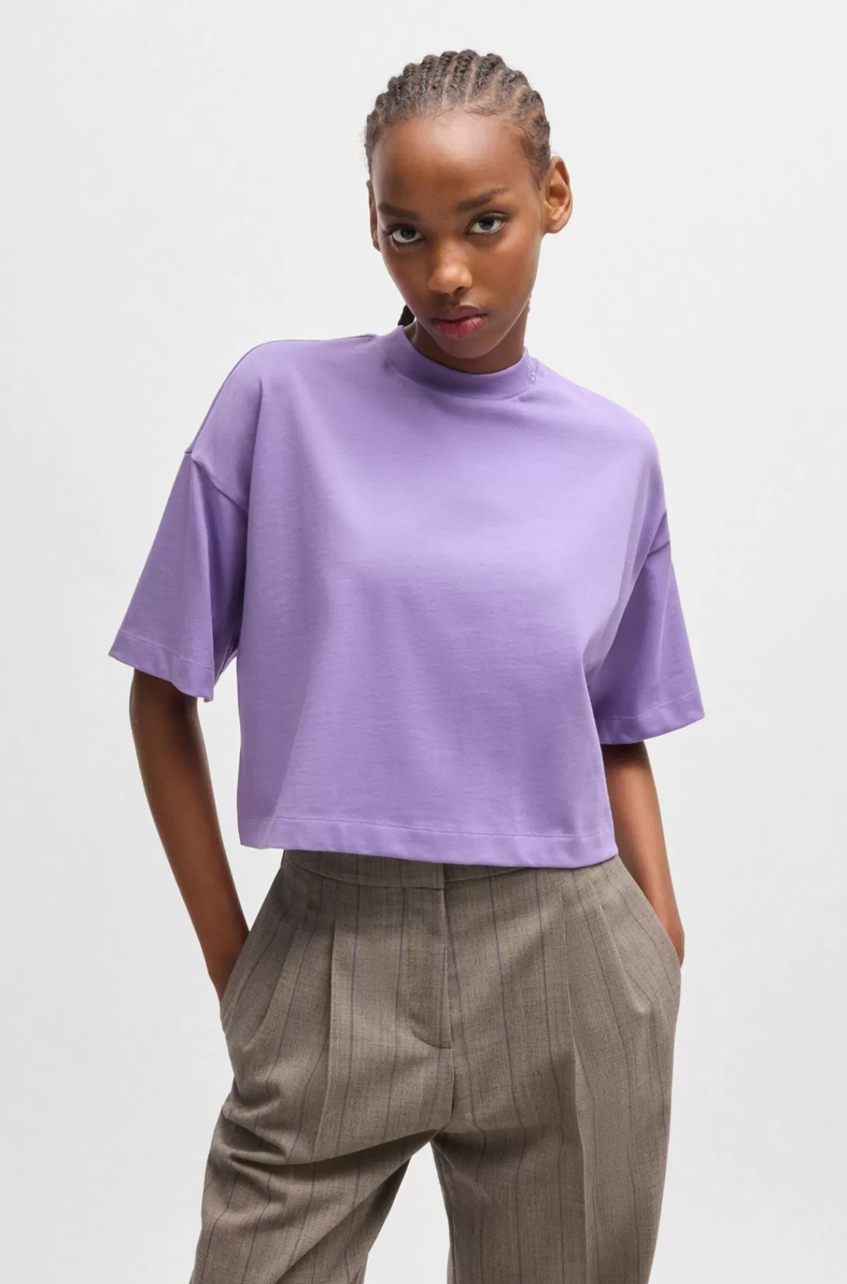 HUGO BOSS Kort T-shirt I Bomuldsjersey Med Relaxed Fit Og Stablet Logo Lyslilla Sale